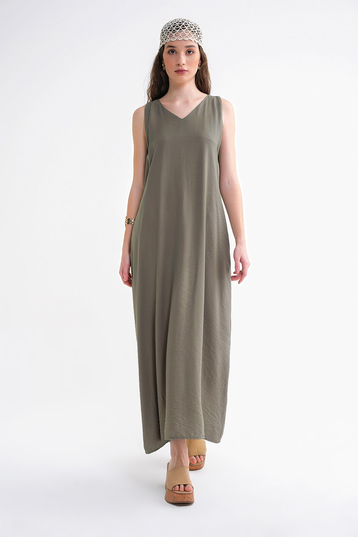 4694 Kadın Cepli V Yaka Uzun Basic Elbise Haki
