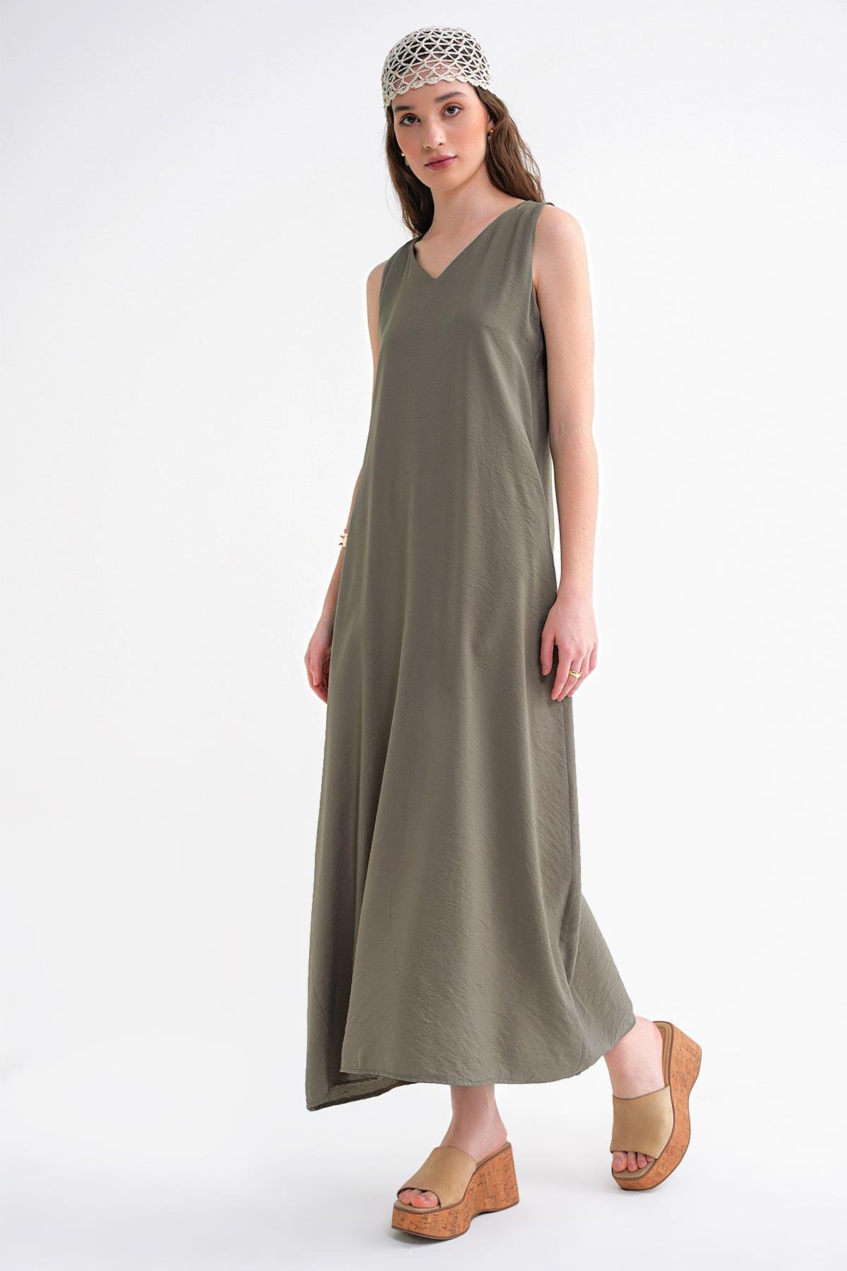 4694 Kadın Cepli V Yaka Uzun Basic Elbise Haki