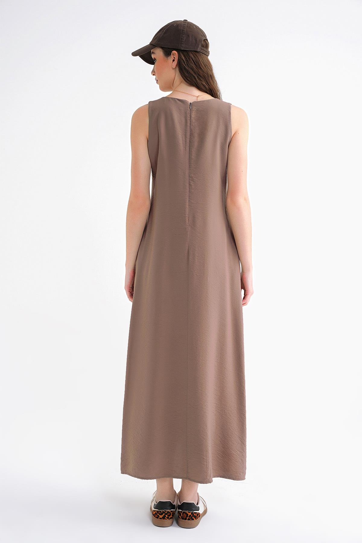 4694 Kadın Cepli V Yaka Uzun Basic Elbise Moka