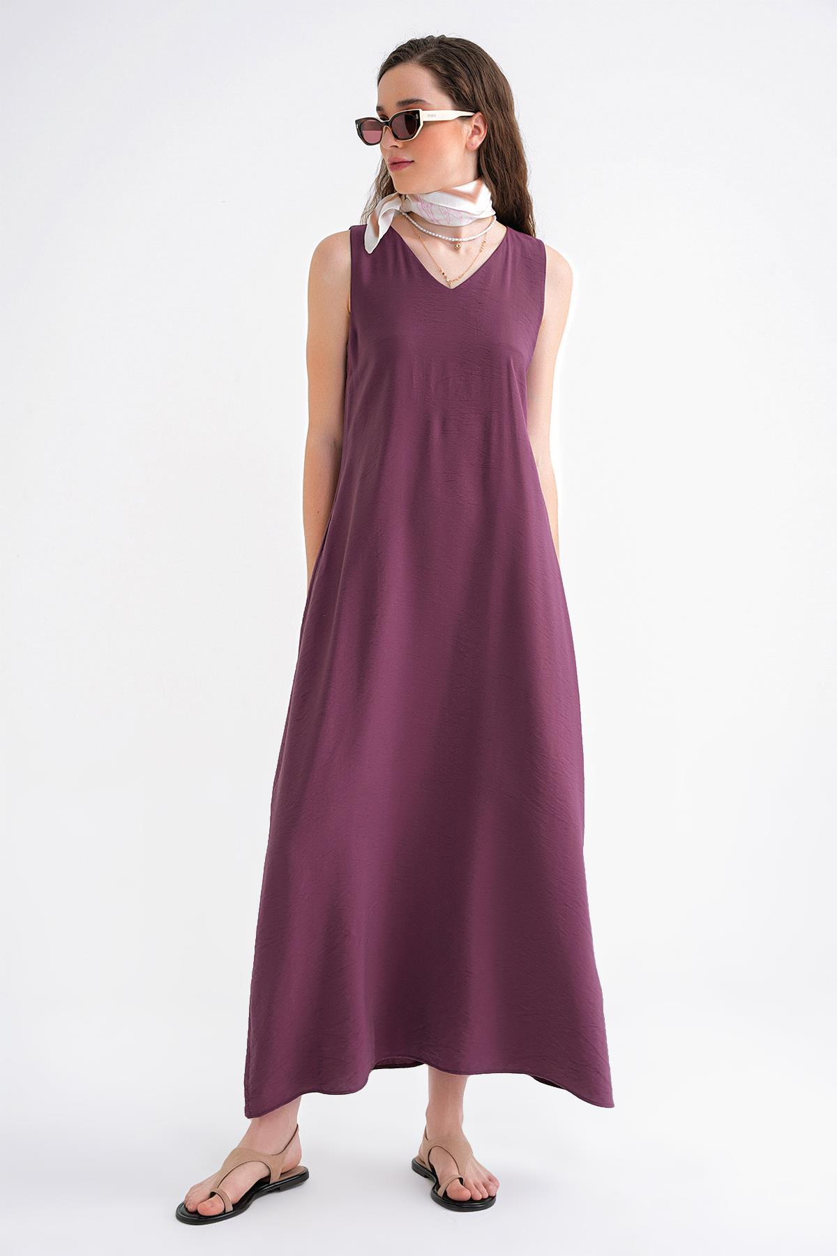 4694 Kadın Cepli V Yaka Uzun Basic Elbise Bordo