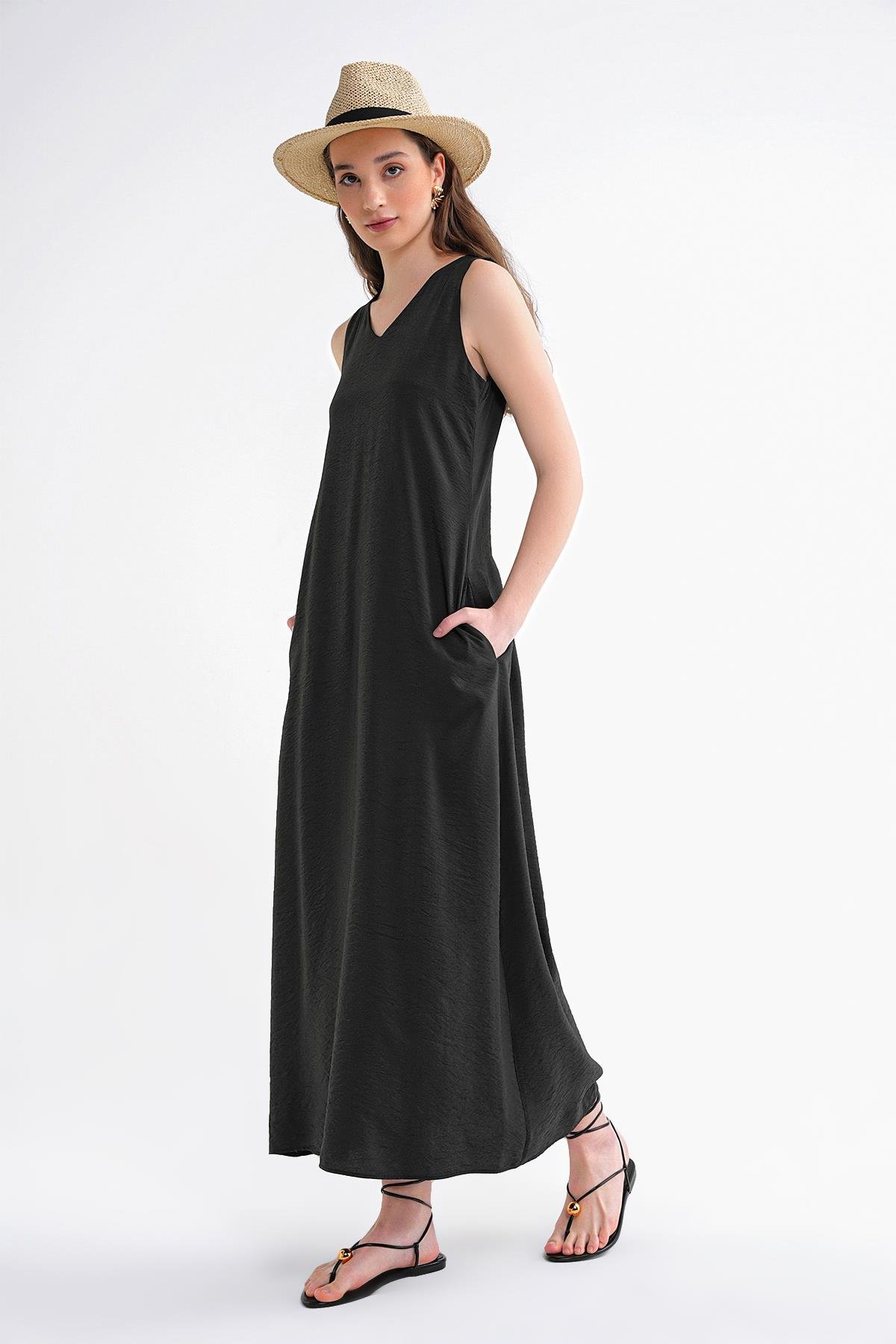 4694 Kadın Cepli V Yaka Uzun Basic Elbise Siyah