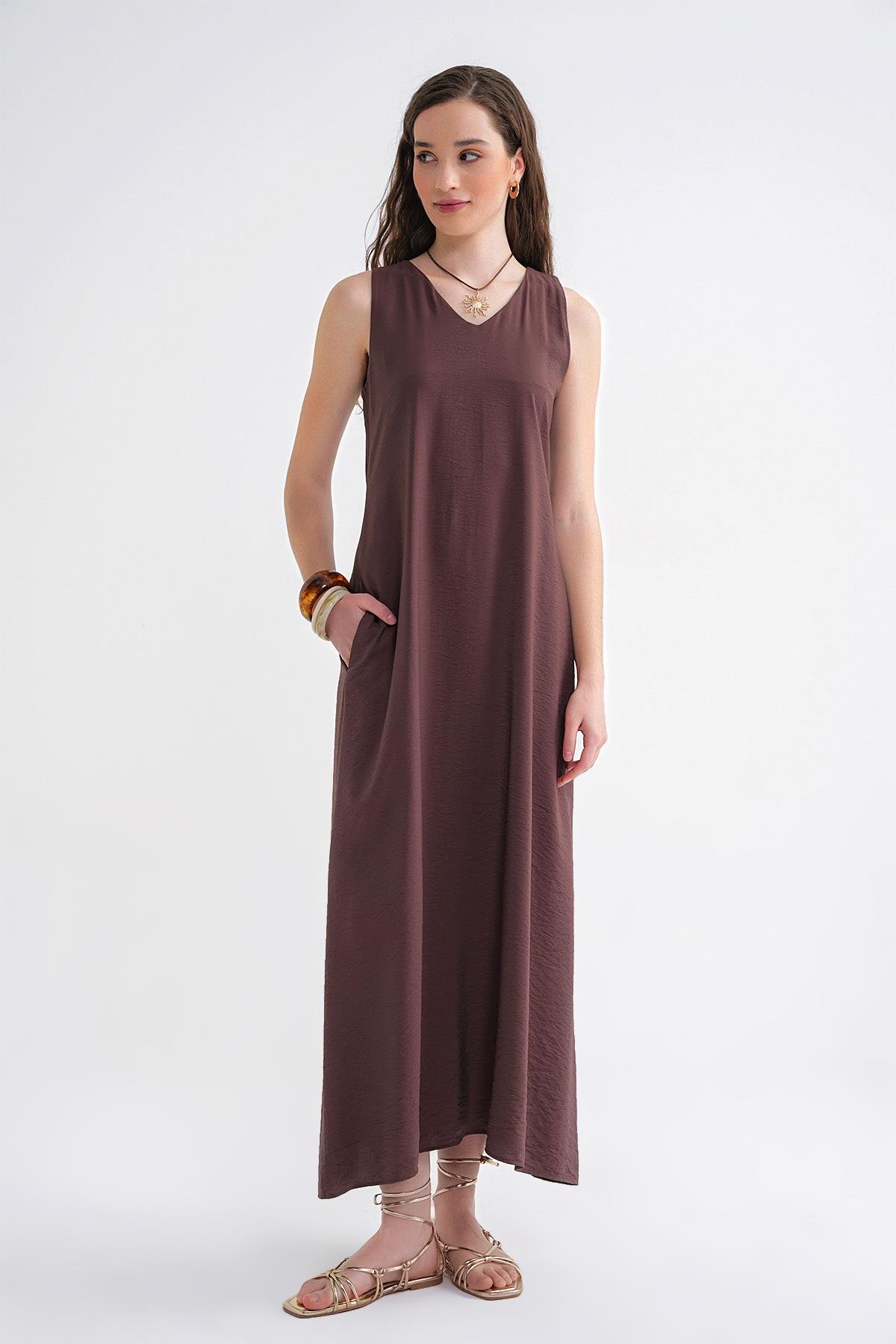 4694 Kadın Cepli V Yaka Uzun Basic Elbise Kahve
