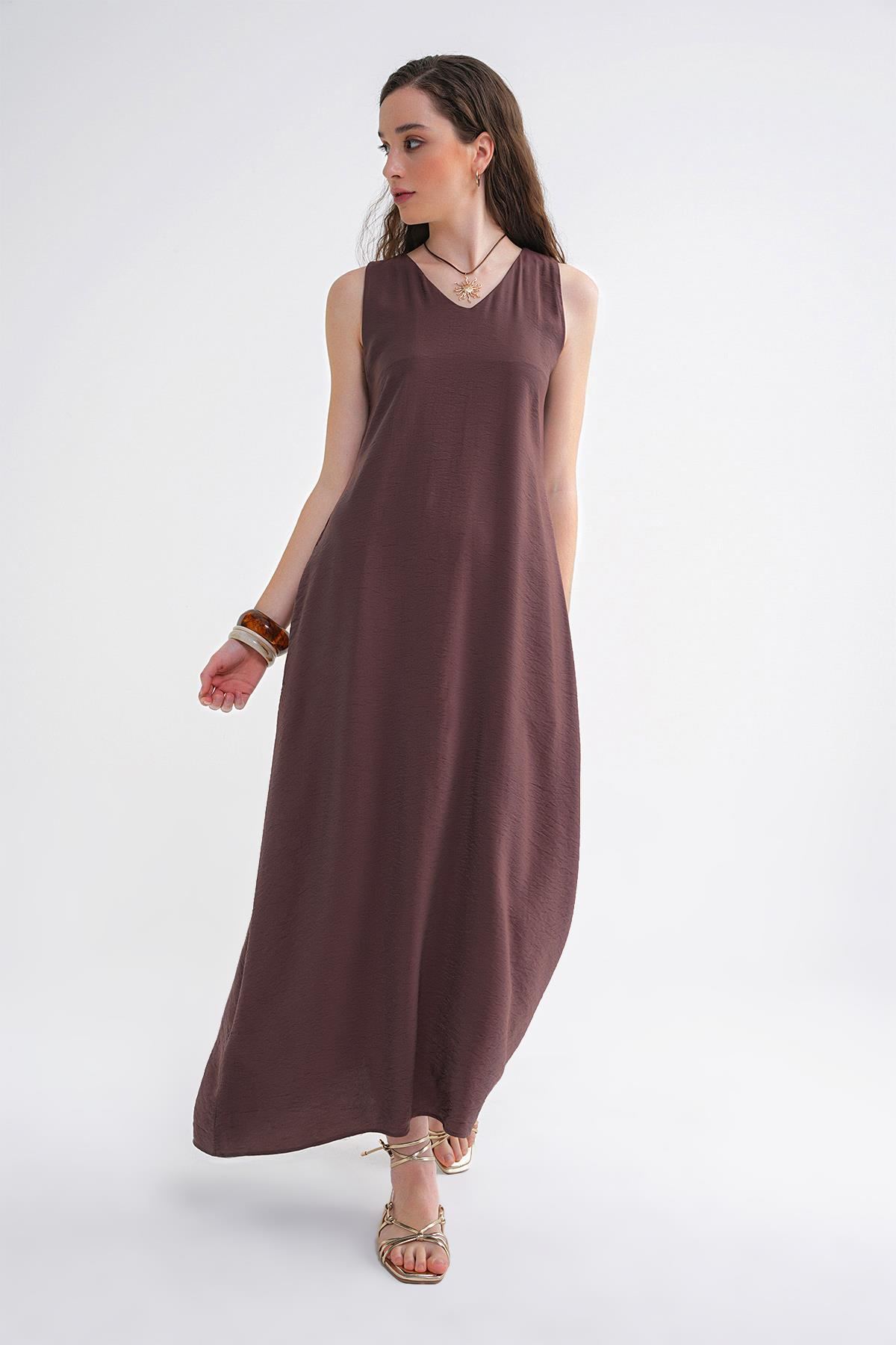 4694 Kadın Cepli V Yaka Uzun Basic Elbise Kahve
