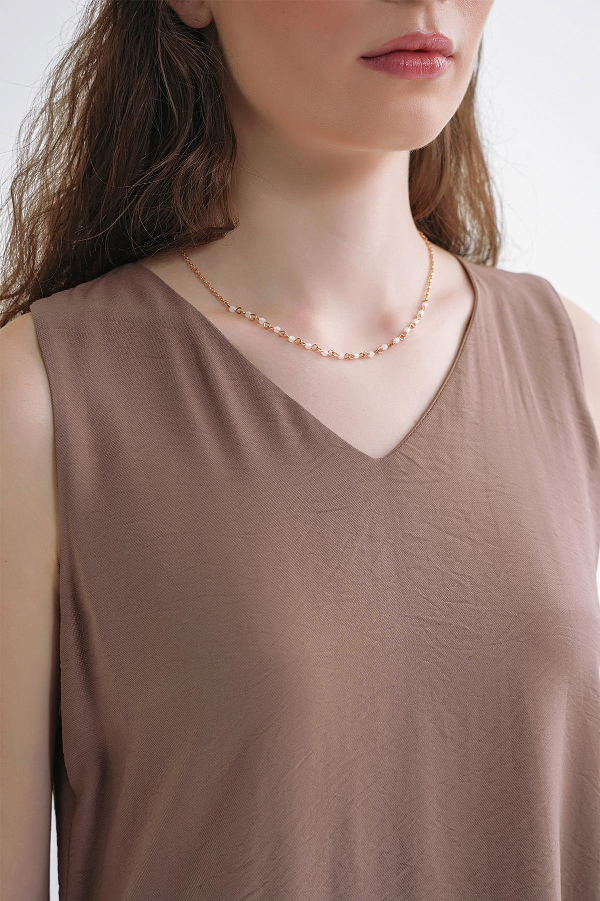 4694 Kadın Cepli V Yaka Uzun Basic Elbise Moka