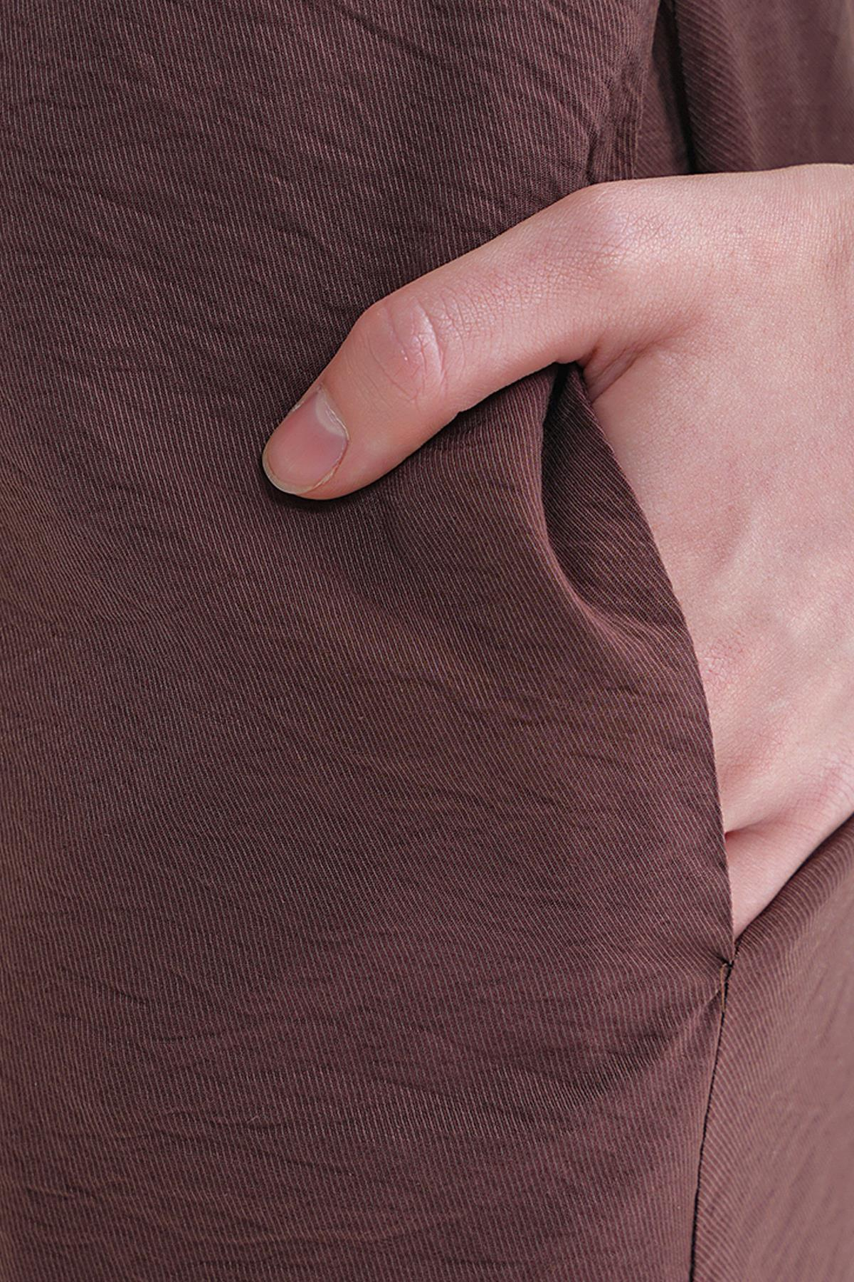 4694 Kadın Cepli V Yaka Uzun Basic Elbise Kahve