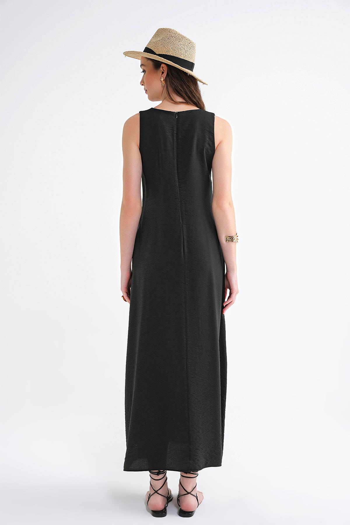 4694 Kadın Cepli V Yaka Uzun Basic Elbise Siyah