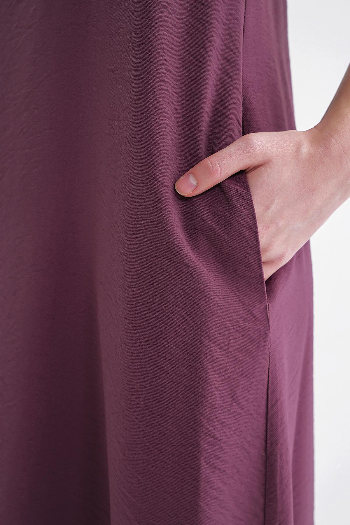 4694 Kadın Cepli V Yaka Uzun Basic Elbise Bordo