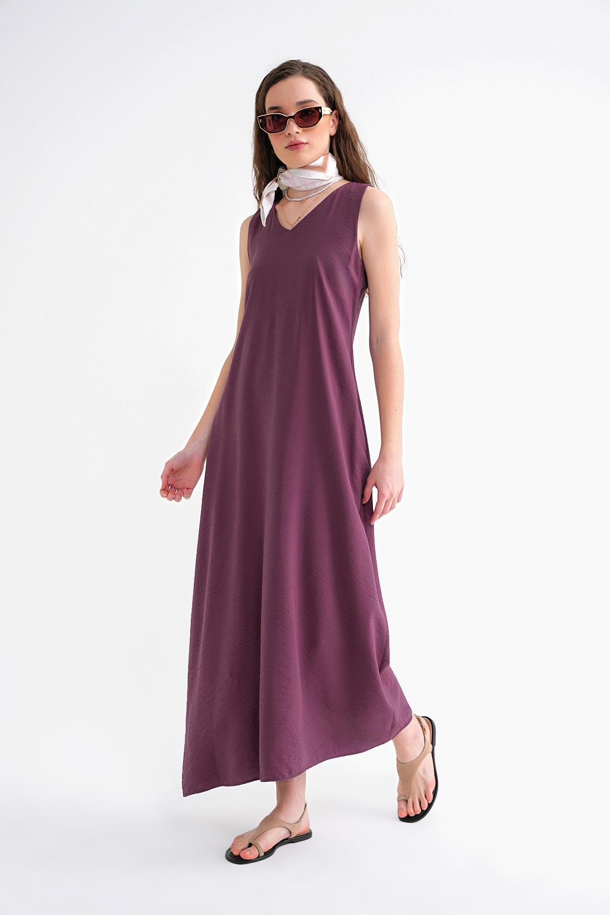 4694 Kadın Cepli V Yaka Uzun Basic Elbise Bordo