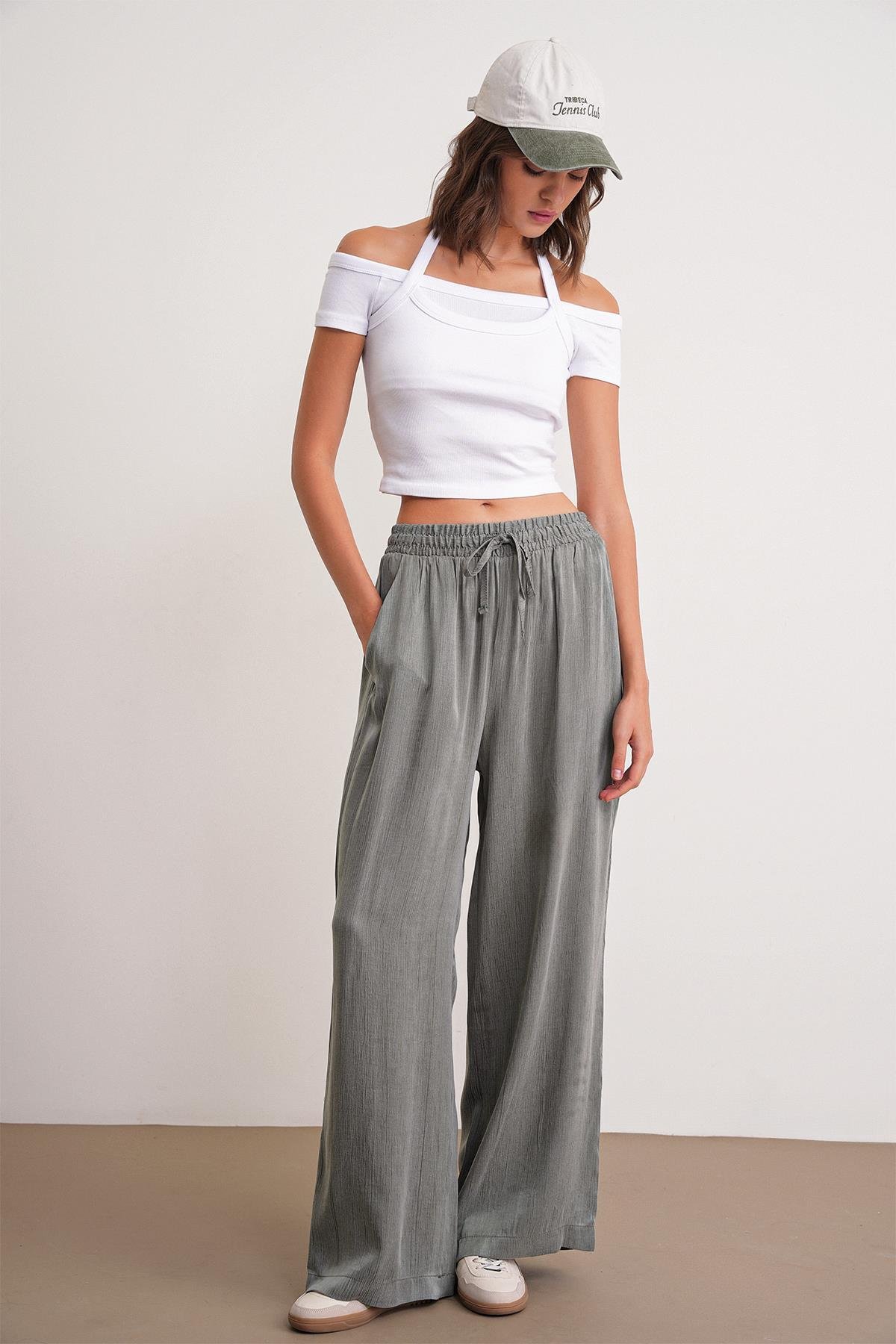 4697 Kadın Eskitme Bağcıklı Saten Palazzo Pantolon Haki