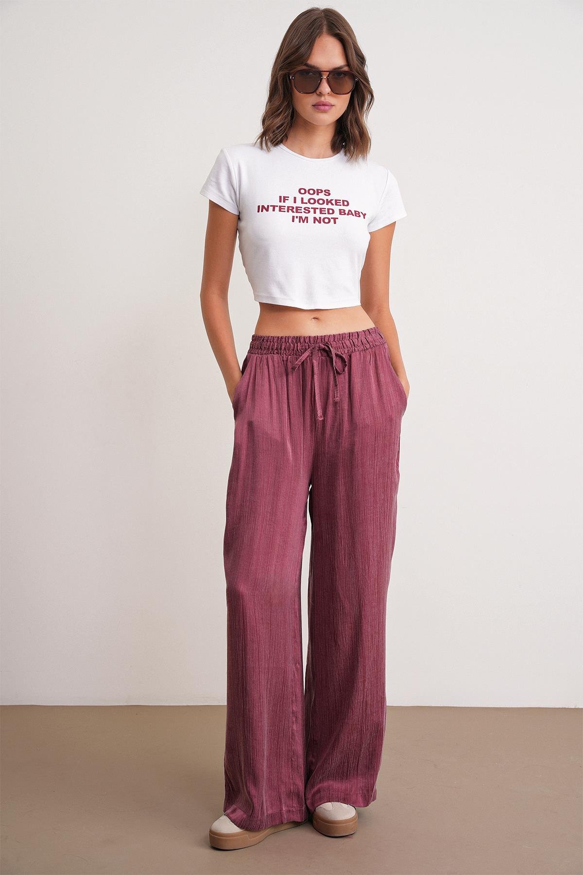 4697 Kadın Eskitme Bağcıklı Saten Palazzo Pantolon Bordo