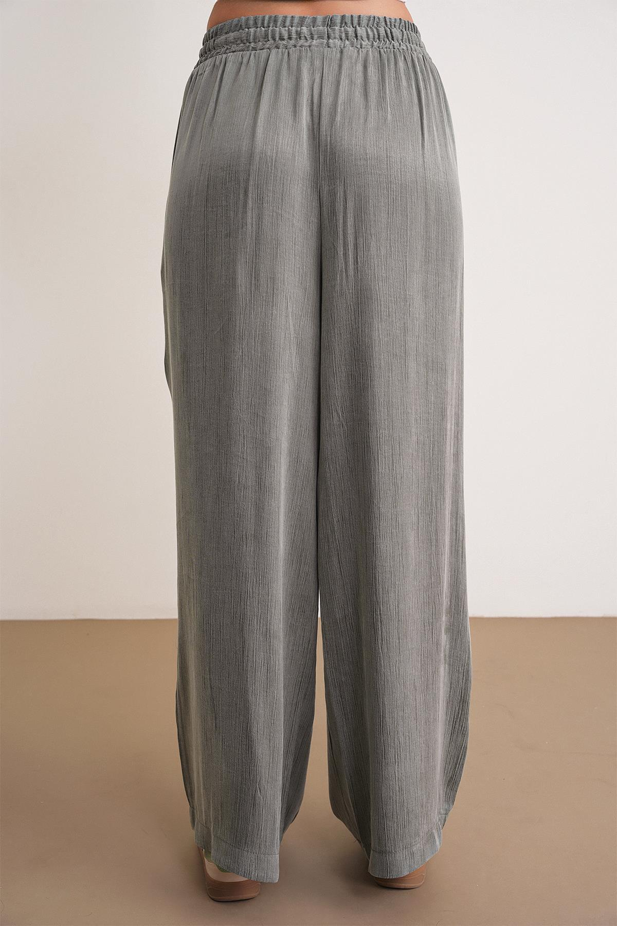 4697 Kadın Eskitme Bağcıklı Saten Palazzo Pantolon Haki