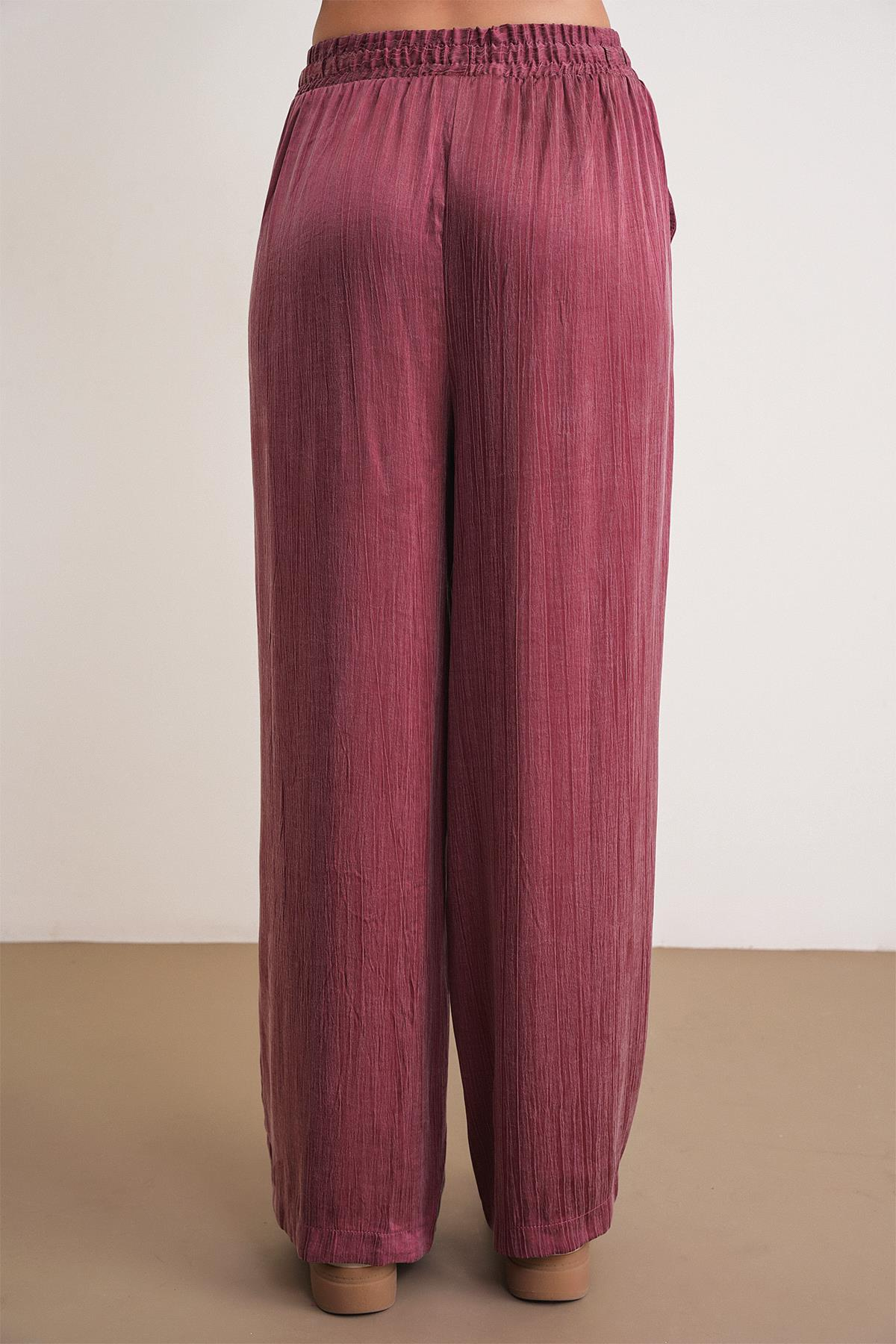 4697 Kadın Eskitme Bağcıklı Saten Palazzo Pantolon Bordo