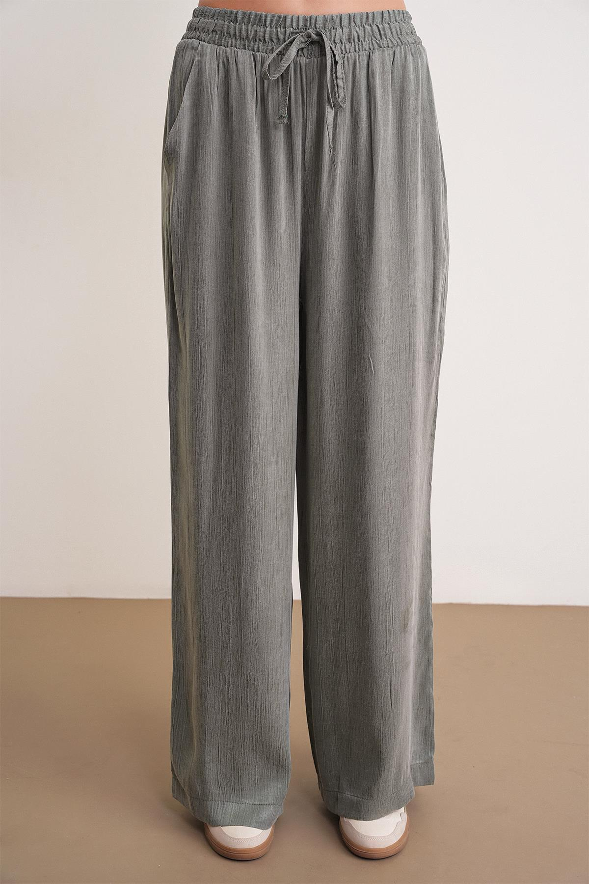 4697 Kadın Eskitme Bağcıklı Saten Palazzo Pantolon Haki