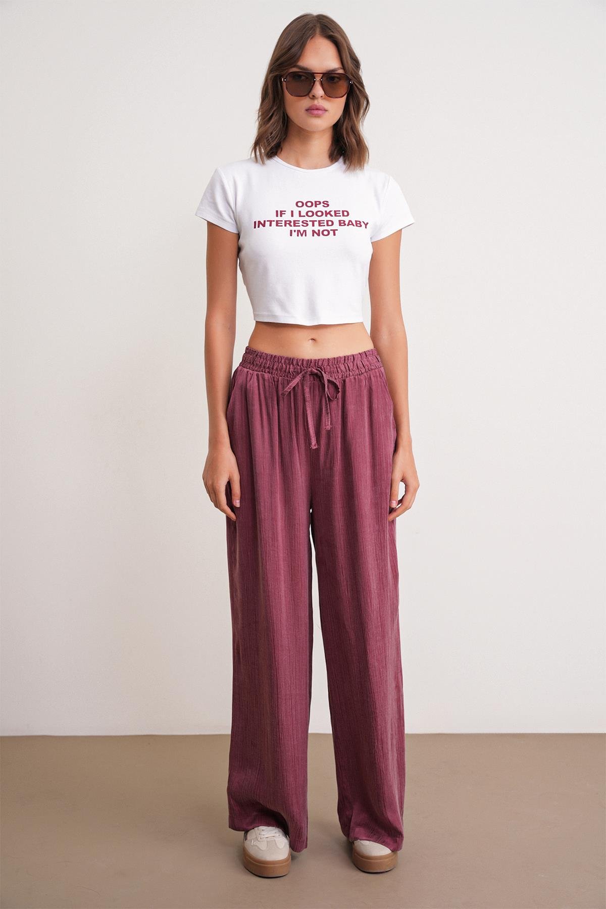 4697 Kadın Eskitme Bağcıklı Saten Palazzo Pantolon Bordo