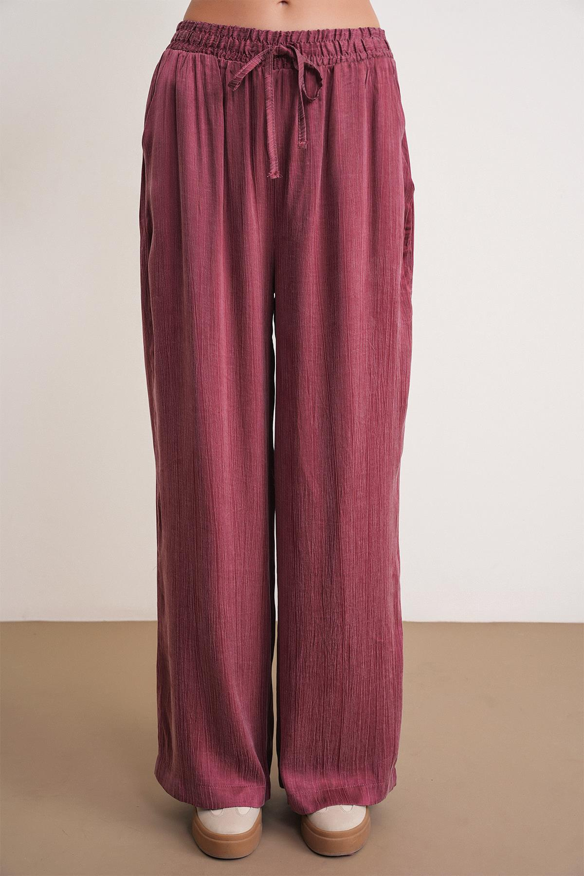 4697 Kadın Eskitme Bağcıklı Saten Palazzo Pantolon Bordo