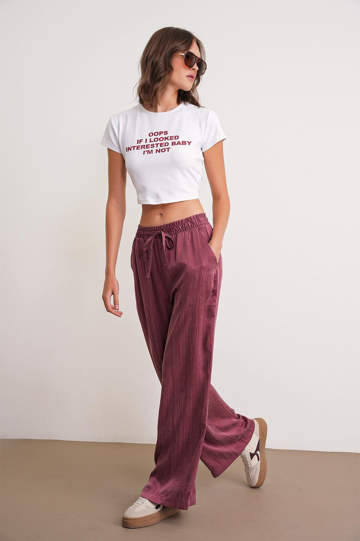 4697 Kadın Eskitme Bağcıklı Saten Palazzo Pantolon Bordo