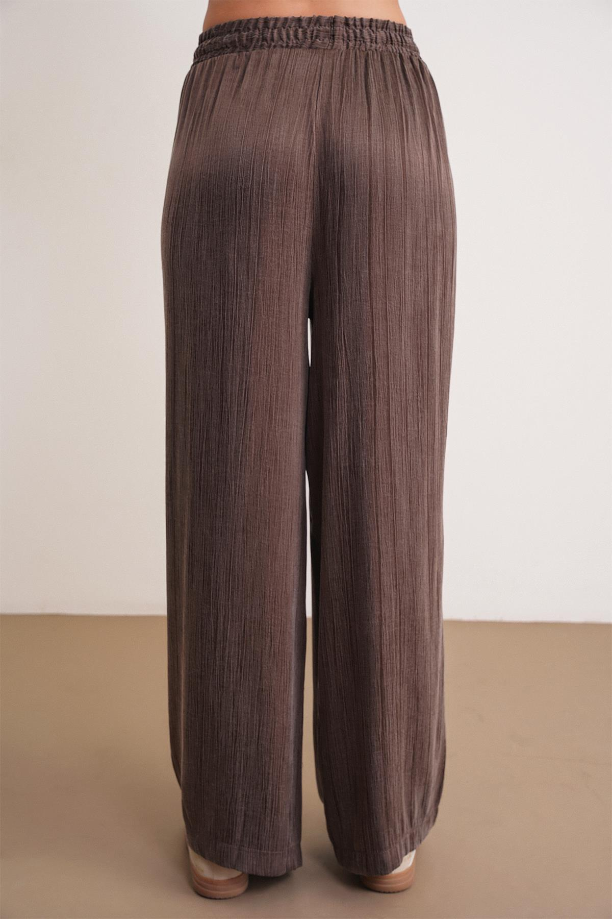 4697 Kadın Eskitme Bağcıklı Saten Palazzo Pantolon Kahve