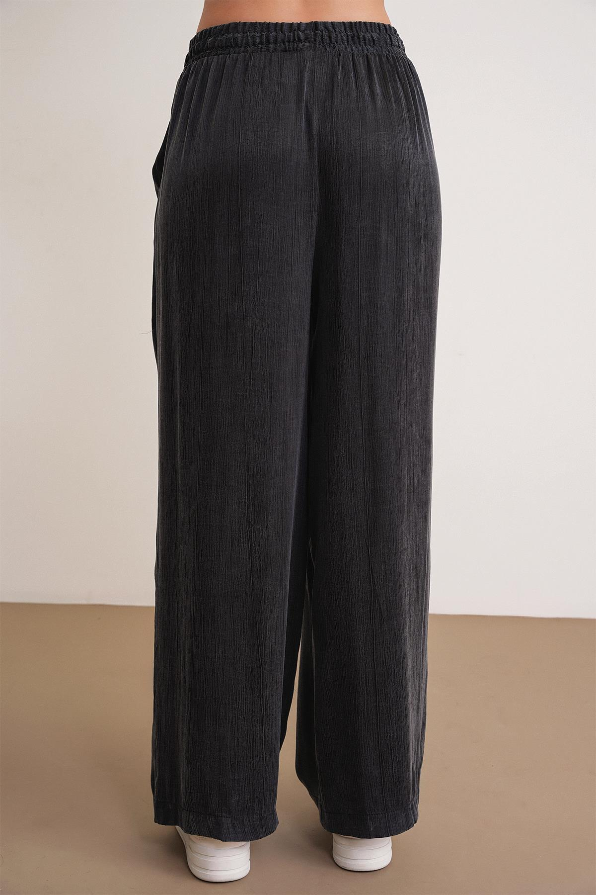 4697 Kadın Eskitme Bağcıklı Saten Palazzo Pantolon Siyah