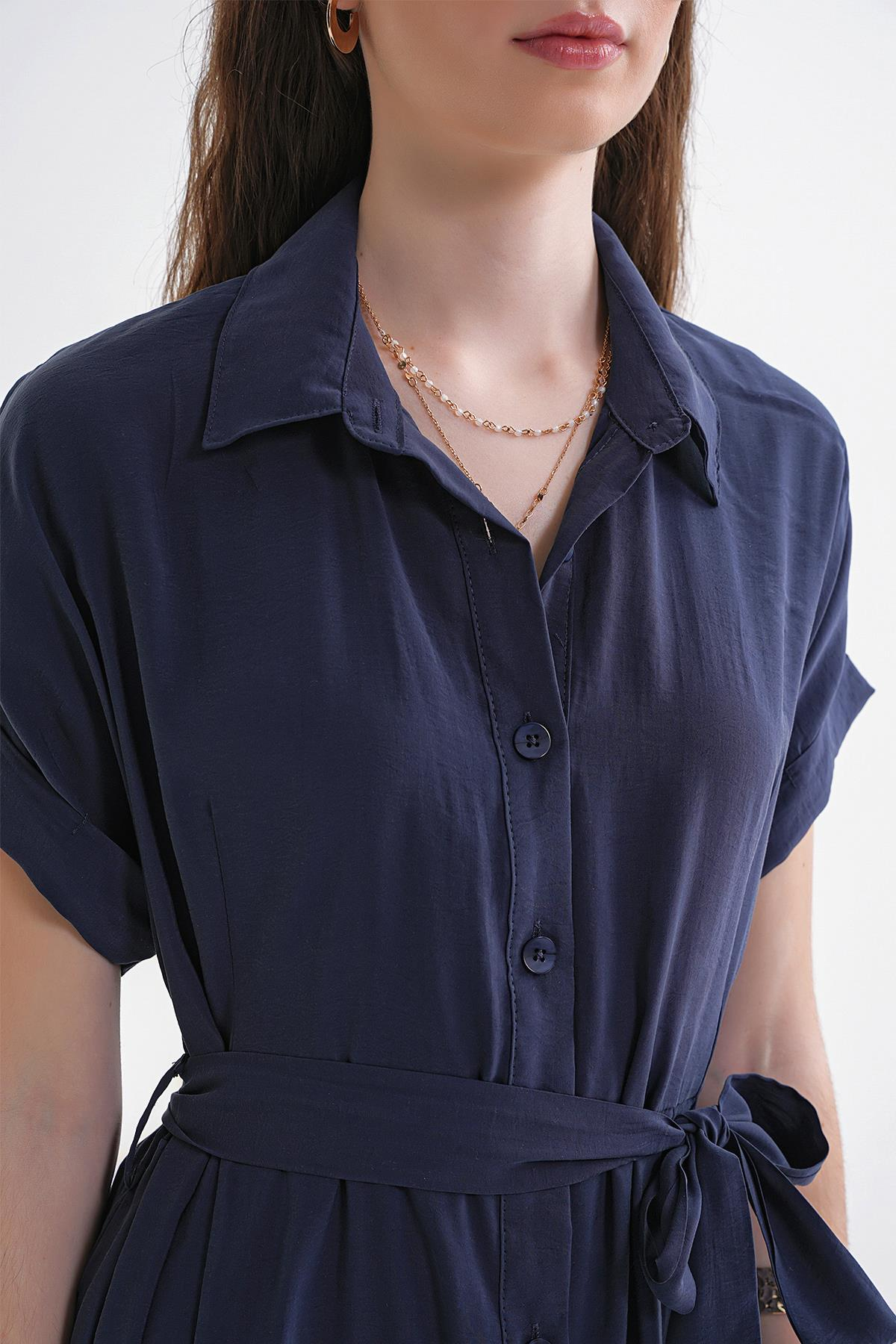 4699 Kadın Düşük Kol Düğmeli Kuşaklı Elbise Lacivert