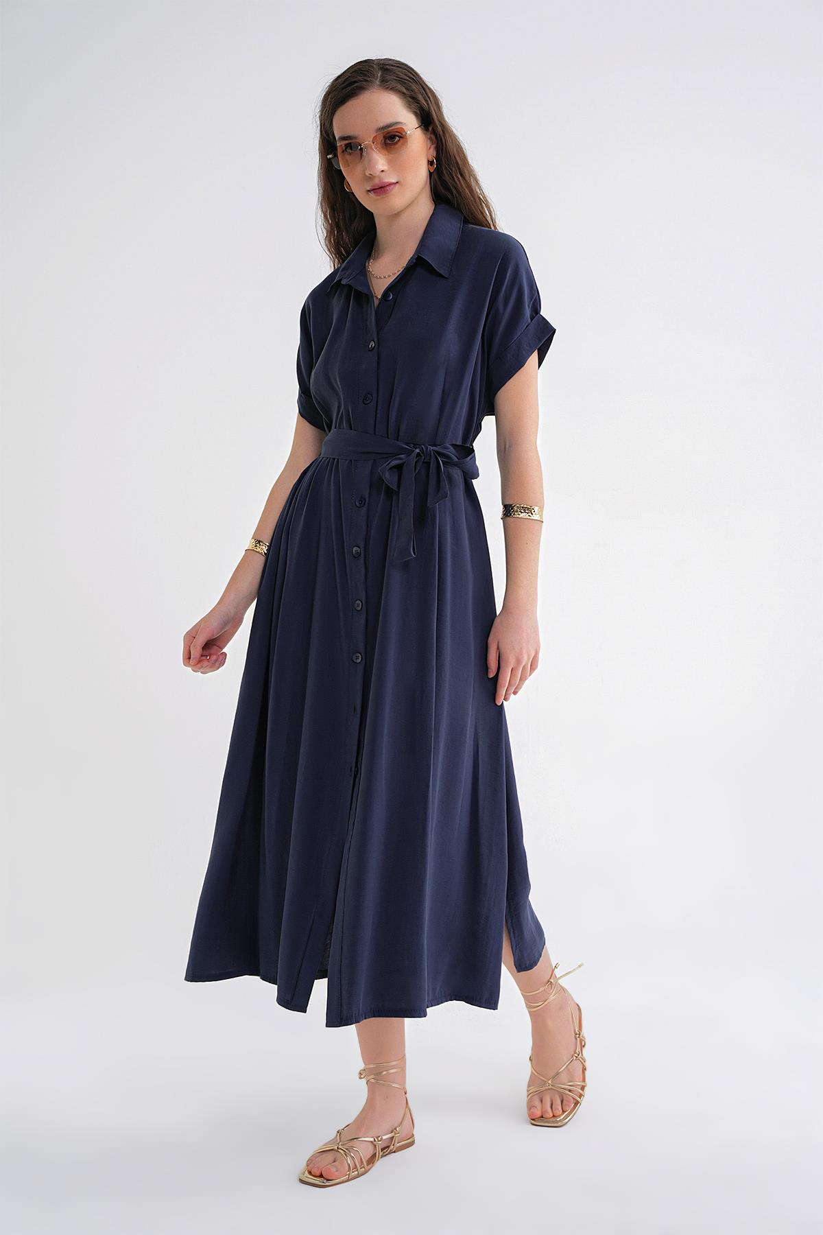 4699 Kadın Düşük Kol Düğmeli Kuşaklı Elbise Lacivert