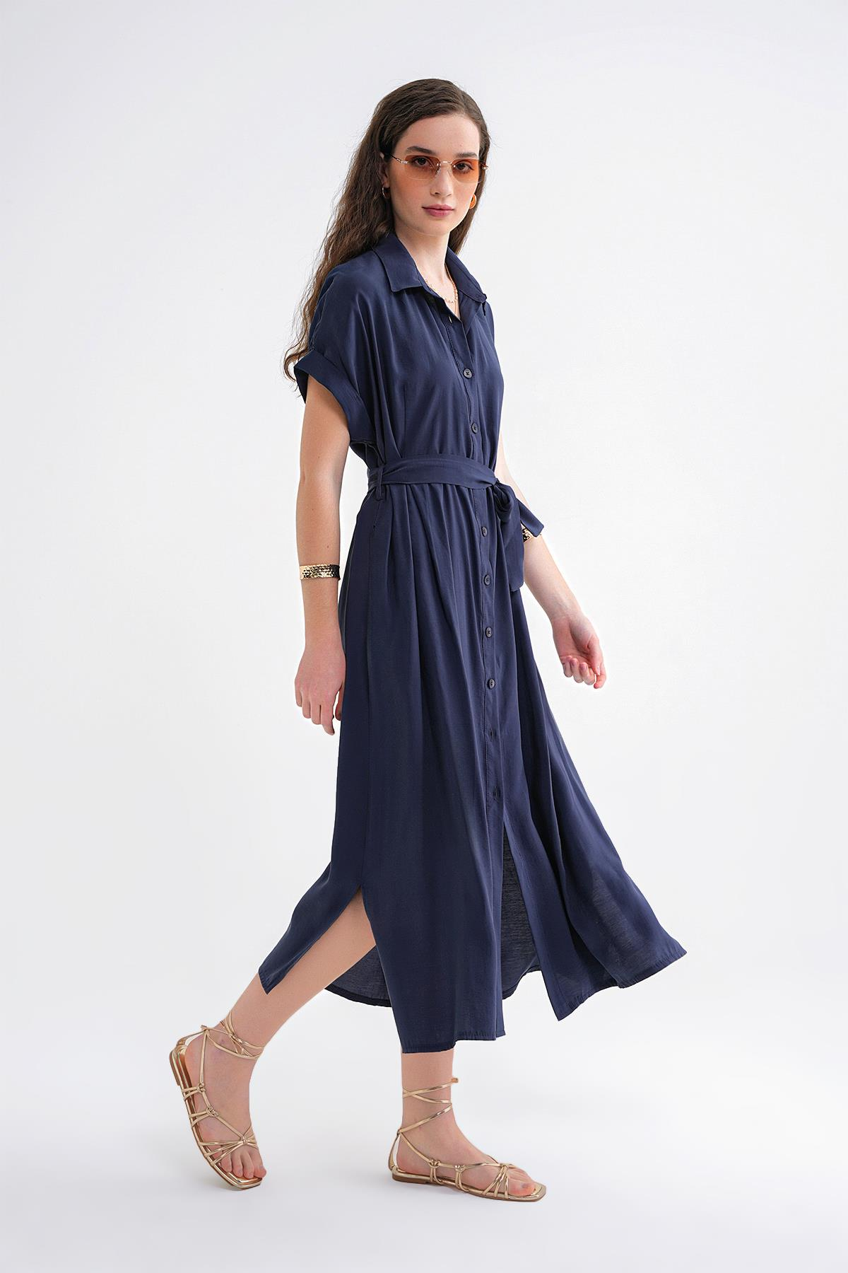 4699 Kadın Düşük Kol Düğmeli Kuşaklı Elbise Lacivert