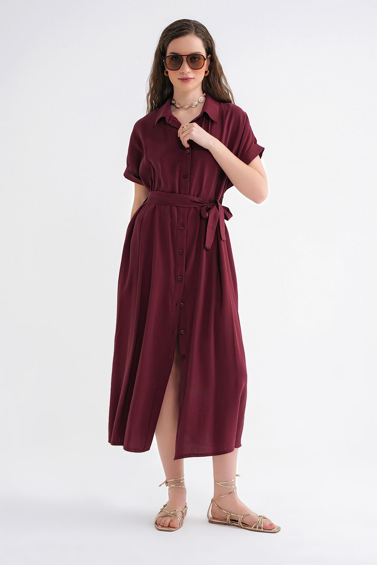 4699 Kadın Düşük Kol Düğmeli Kuşaklı Elbise Bordo