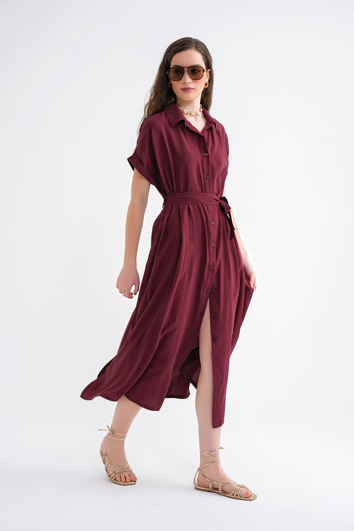 4699 Kadın Düşük Kol Düğmeli Kuşaklı Elbise Bordo