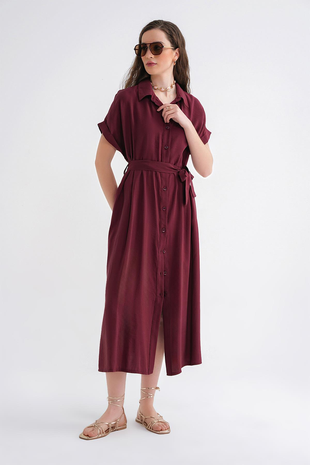 4699 Kadın Düşük Kol Düğmeli Kuşaklı Elbise Bordo