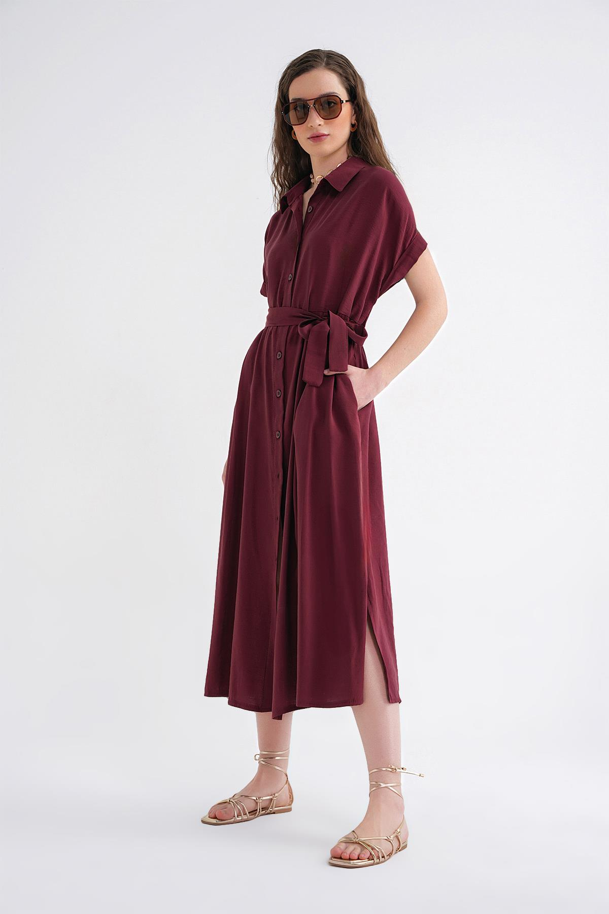 4699 Kadın Düşük Kol Düğmeli Kuşaklı Elbise Bordo