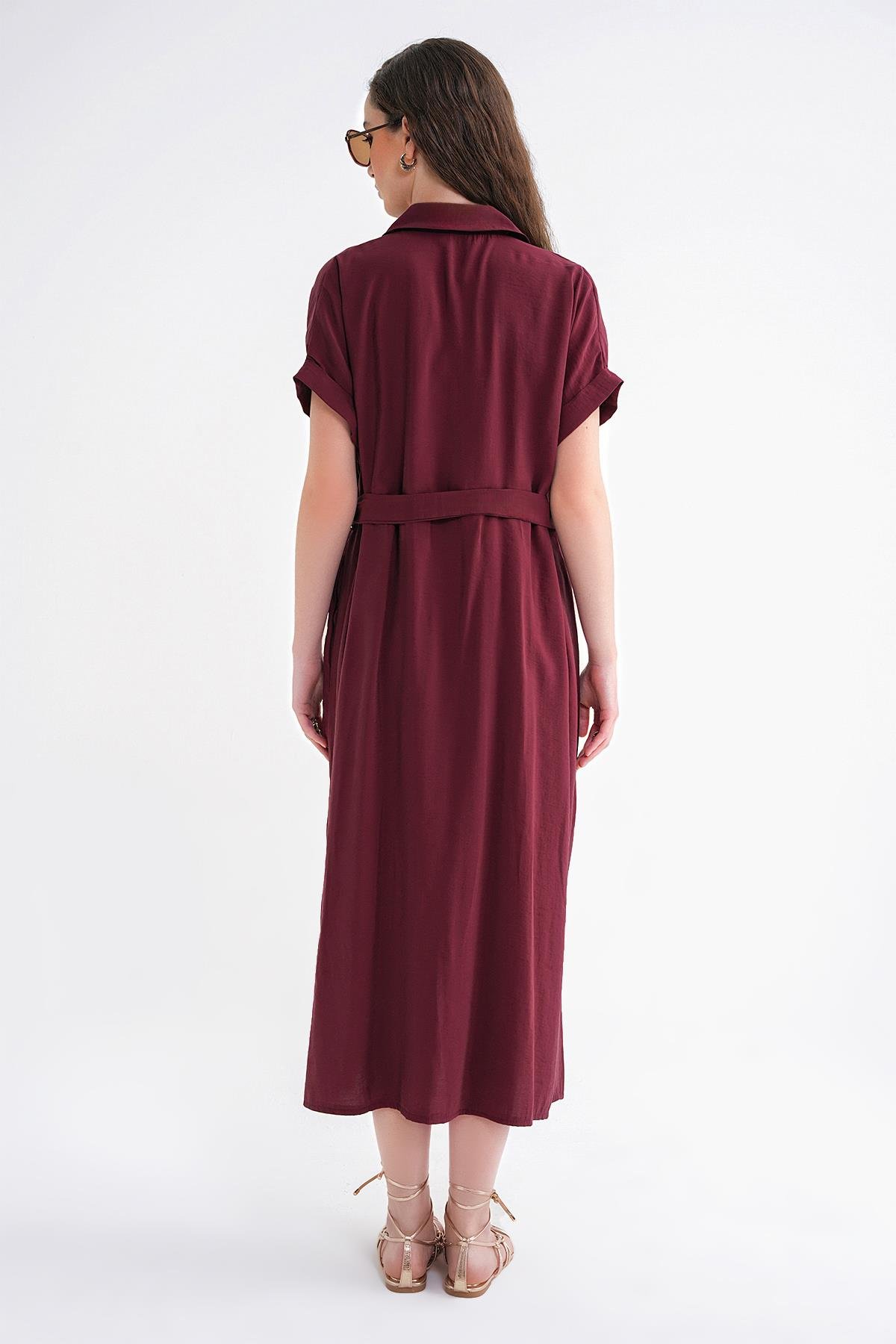 4699 Kadın Düşük Kol Düğmeli Kuşaklı Elbise Bordo