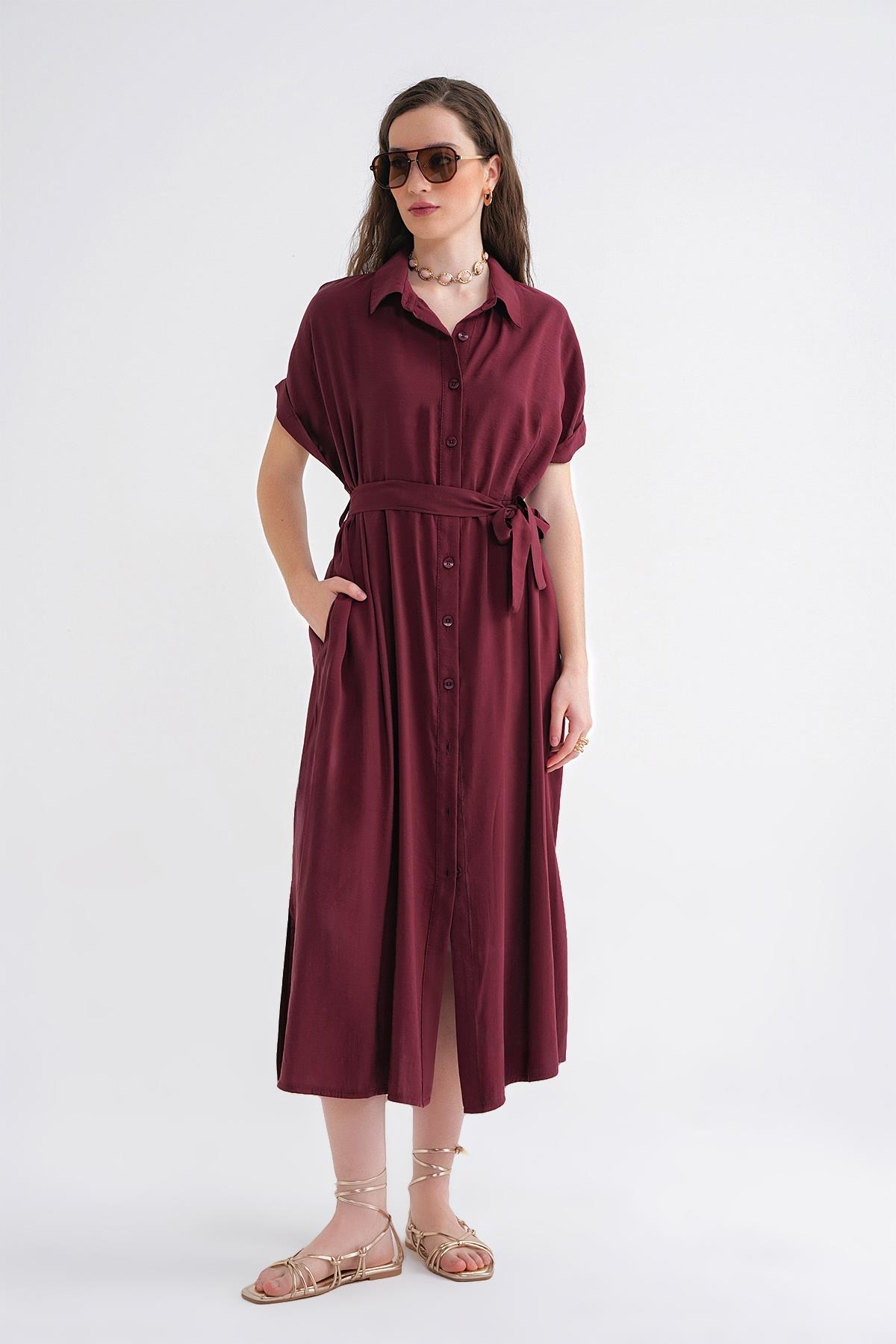 4699 Kadın Düşük Kol Düğmeli Kuşaklı Elbise Bordo