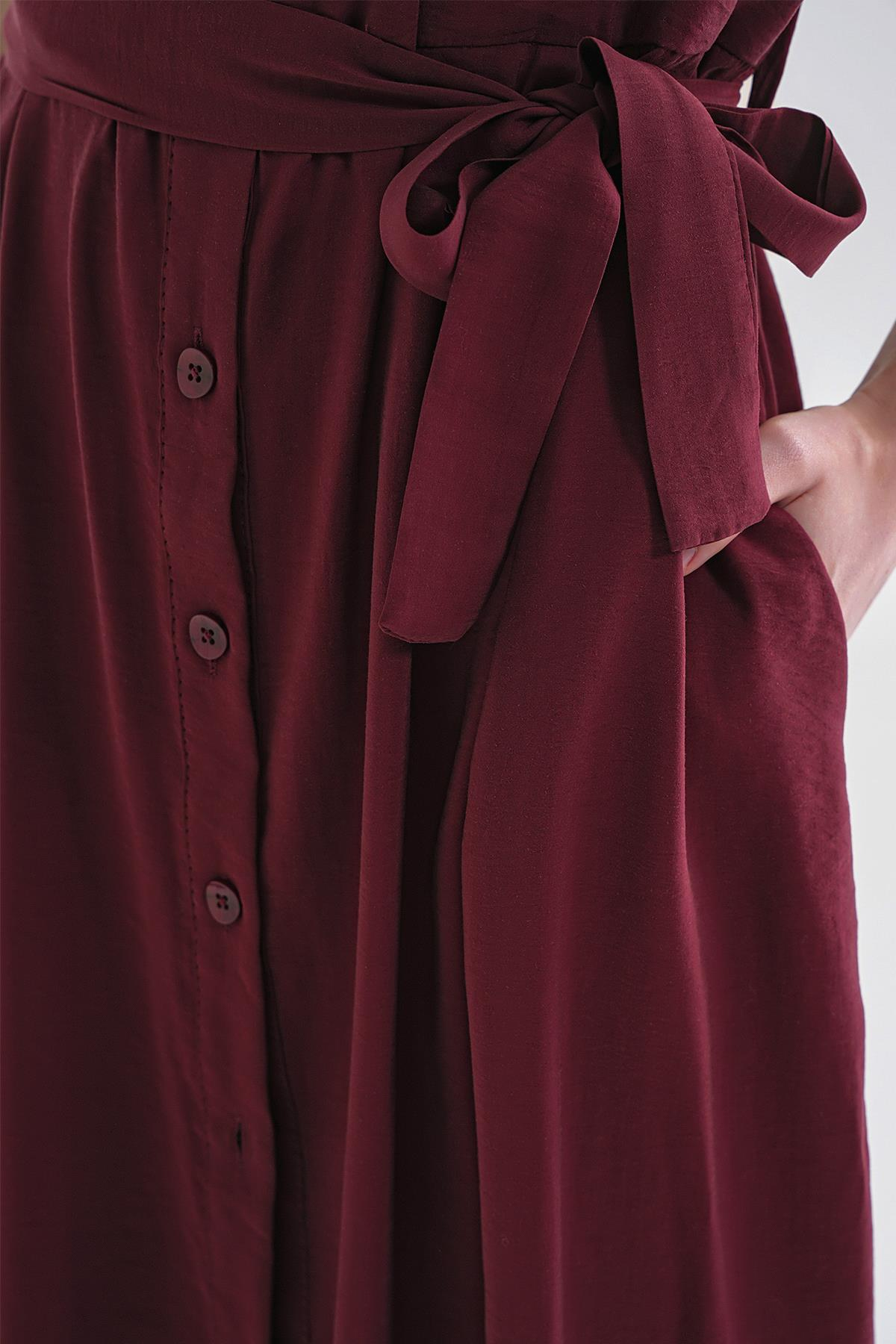 4699 Kadın Düşük Kol Düğmeli Kuşaklı Elbise Bordo