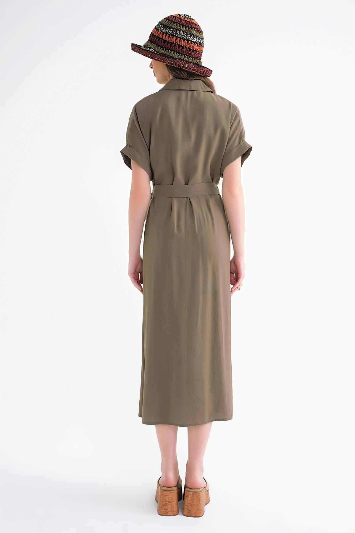 4699 Kadın Düşük Kol Düğmeli Kuşaklı Elbise Haki