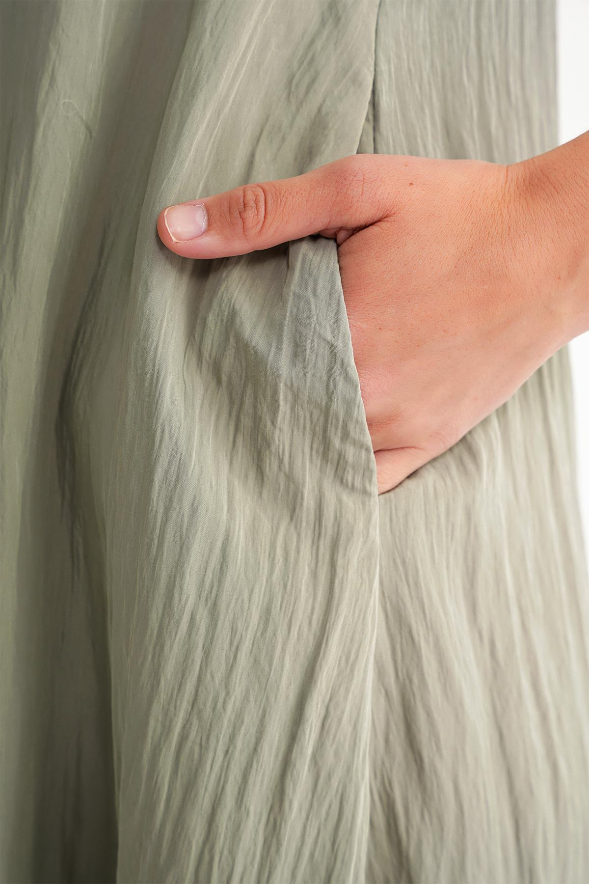 4700 Kadın V Yaka Önü Pileli Elbise Çağla