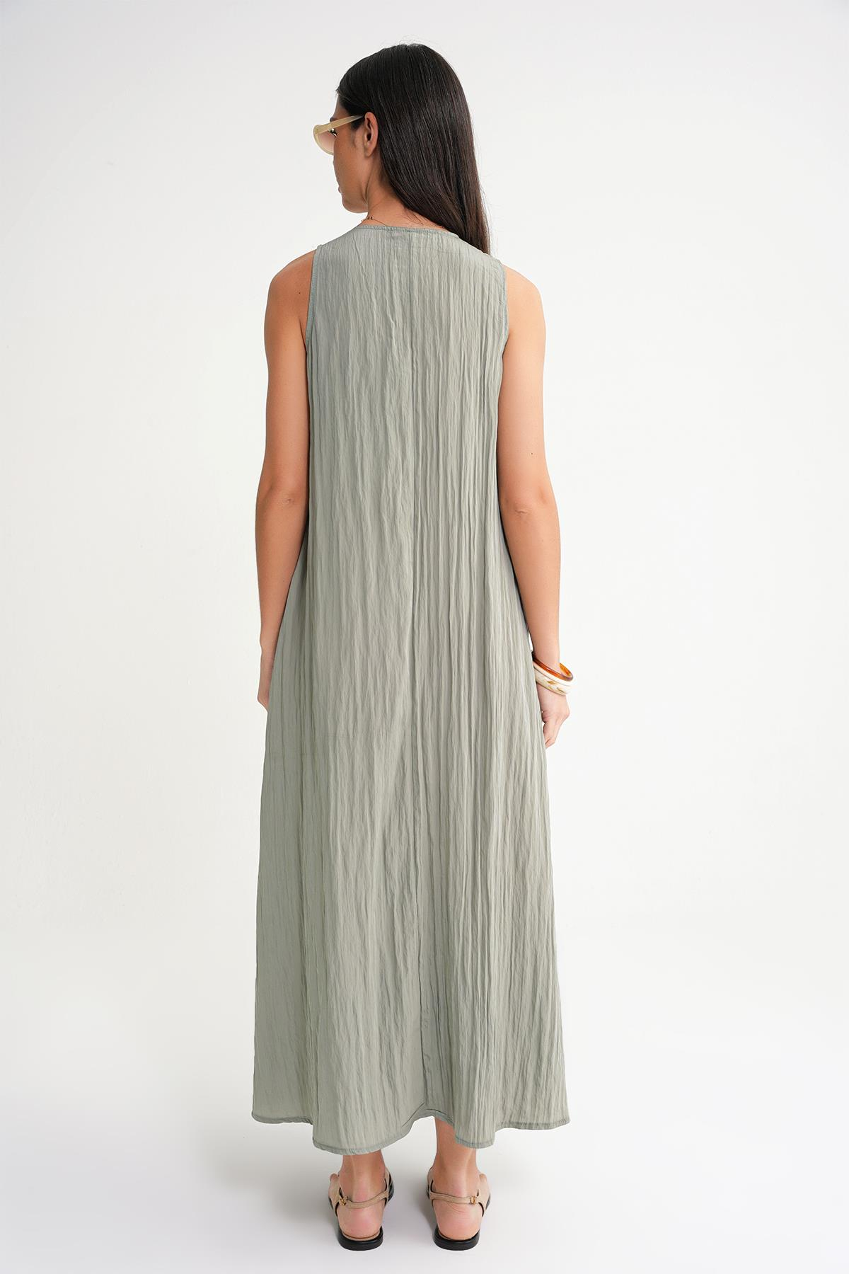 4700 Kadın V Yaka Önü Pileli Elbise Çağla