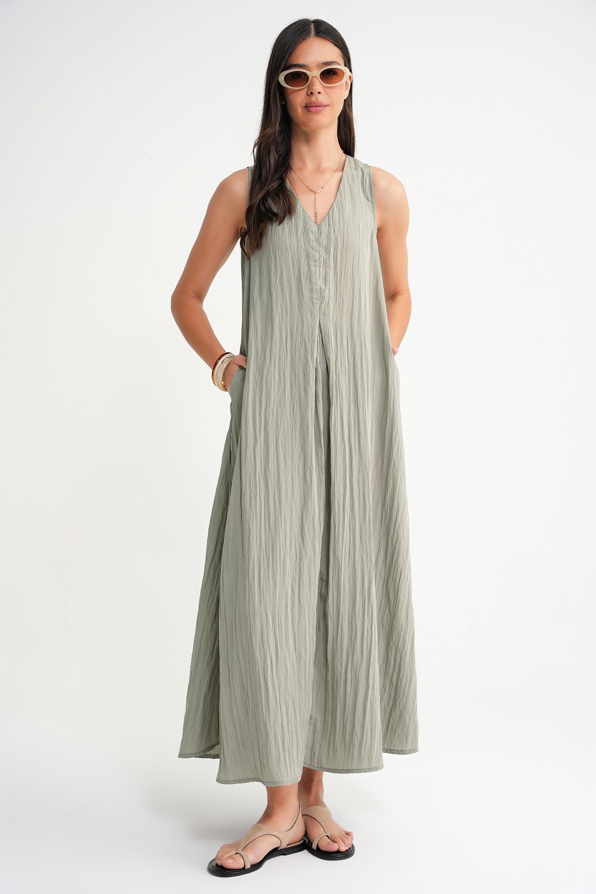 4700 Kadın V Yaka Önü Pileli Elbise Çağla