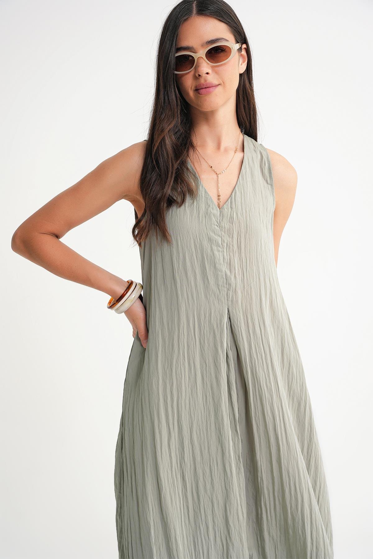 4700 Kadın V Yaka Önü Pileli Elbise Çağla