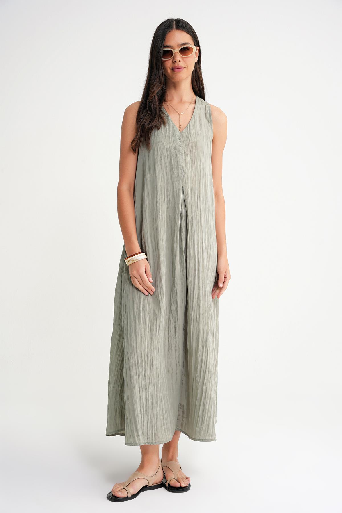 4700 Kadın V Yaka Önü Pileli Elbise Çağla