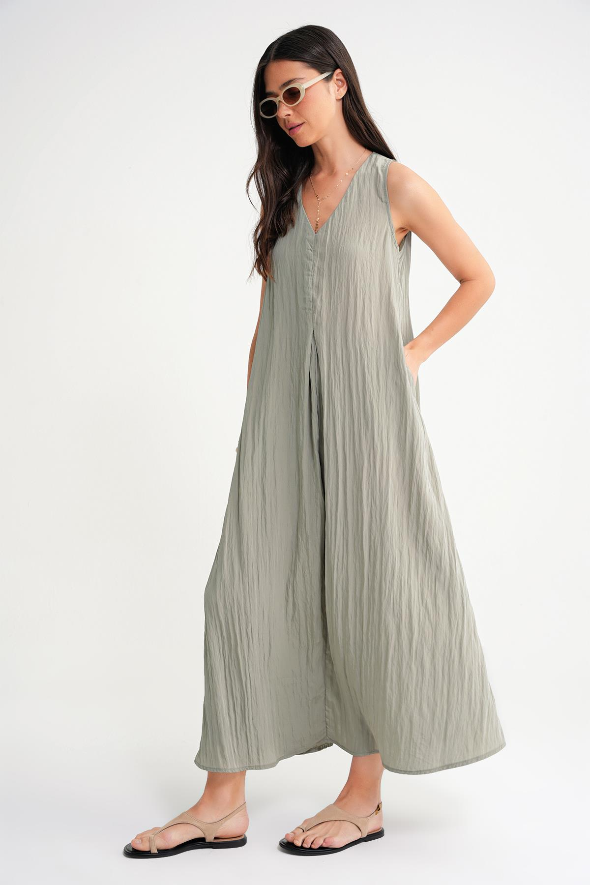 4700 Kadın V Yaka Önü Pileli Elbise Çağla