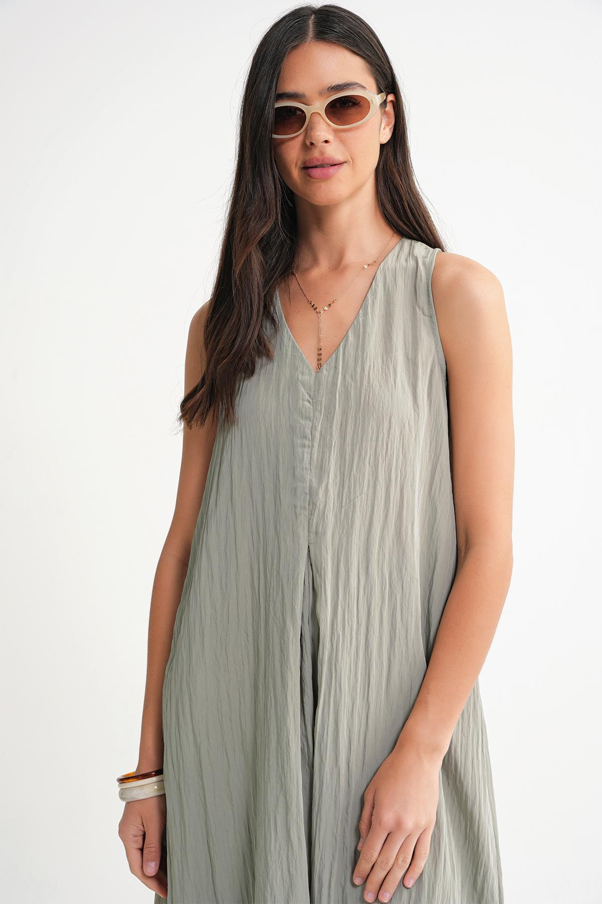 4700 Kadın V Yaka Önü Pileli Elbise Çağla