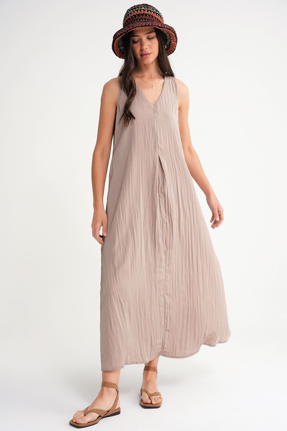 4700 Kadın V Yaka Önü Pileli Elbise Latte