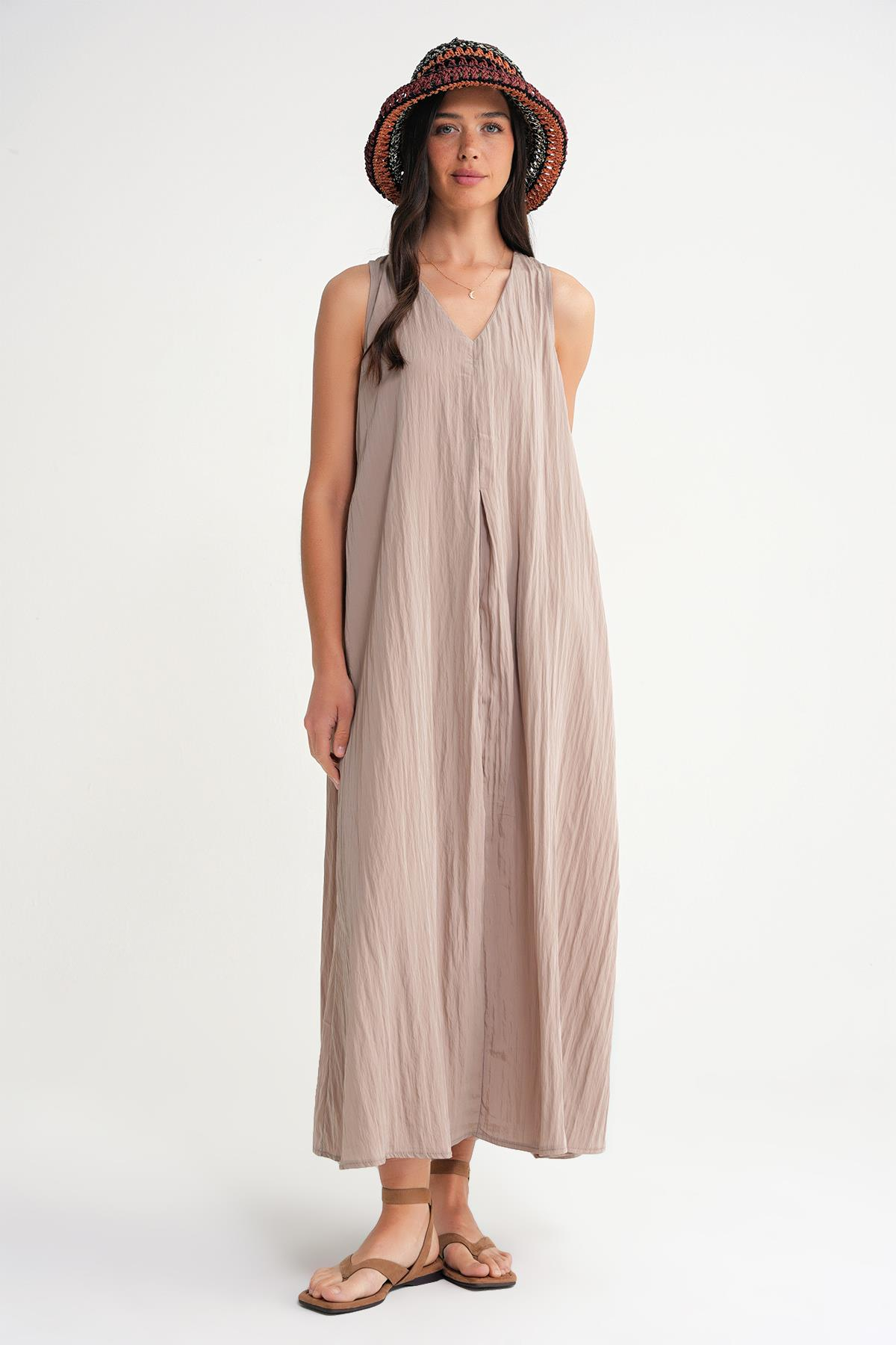 4700 Kadın V Yaka Önü Pileli Elbise Latte