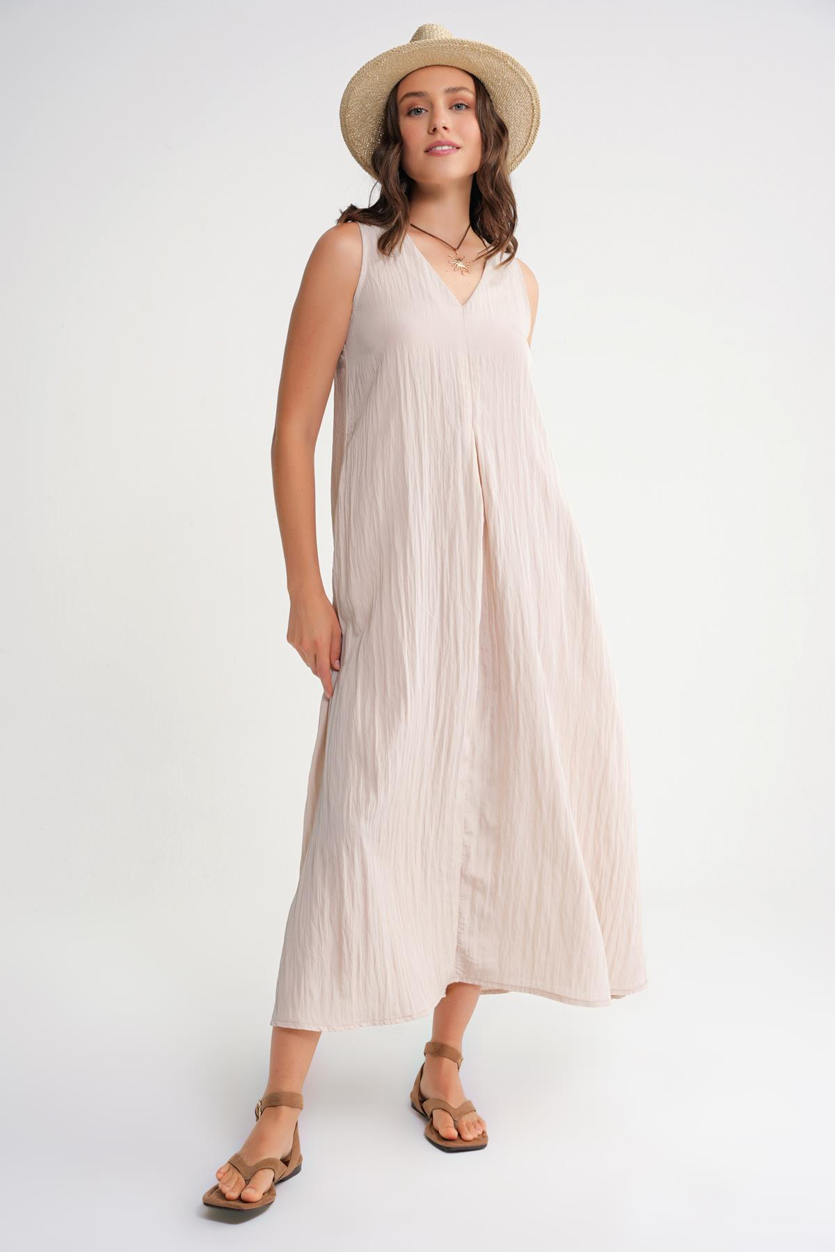 4700 Kadın V Yaka Önü Pileli Elbise Taş