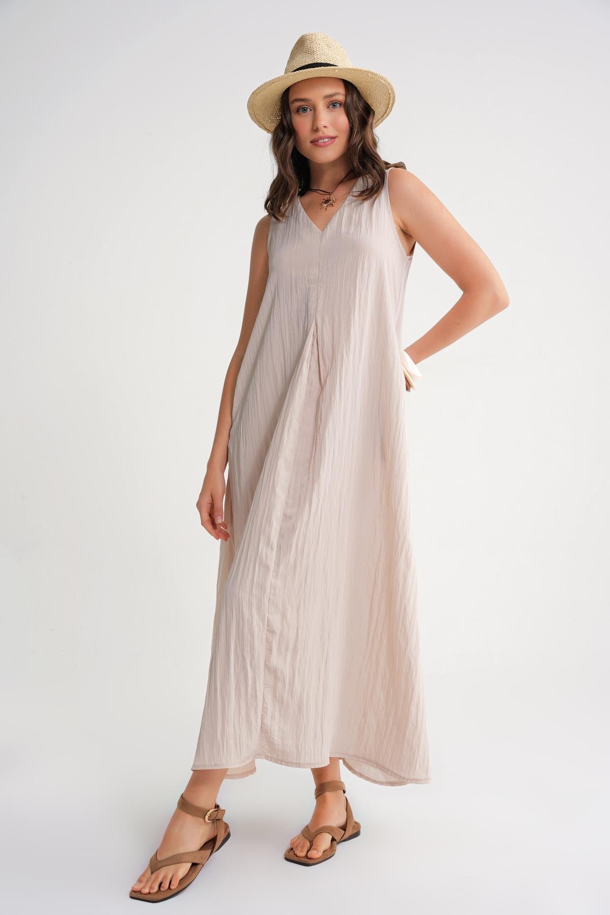 4700 Kadın V Yaka Önü Pileli Elbise Taş