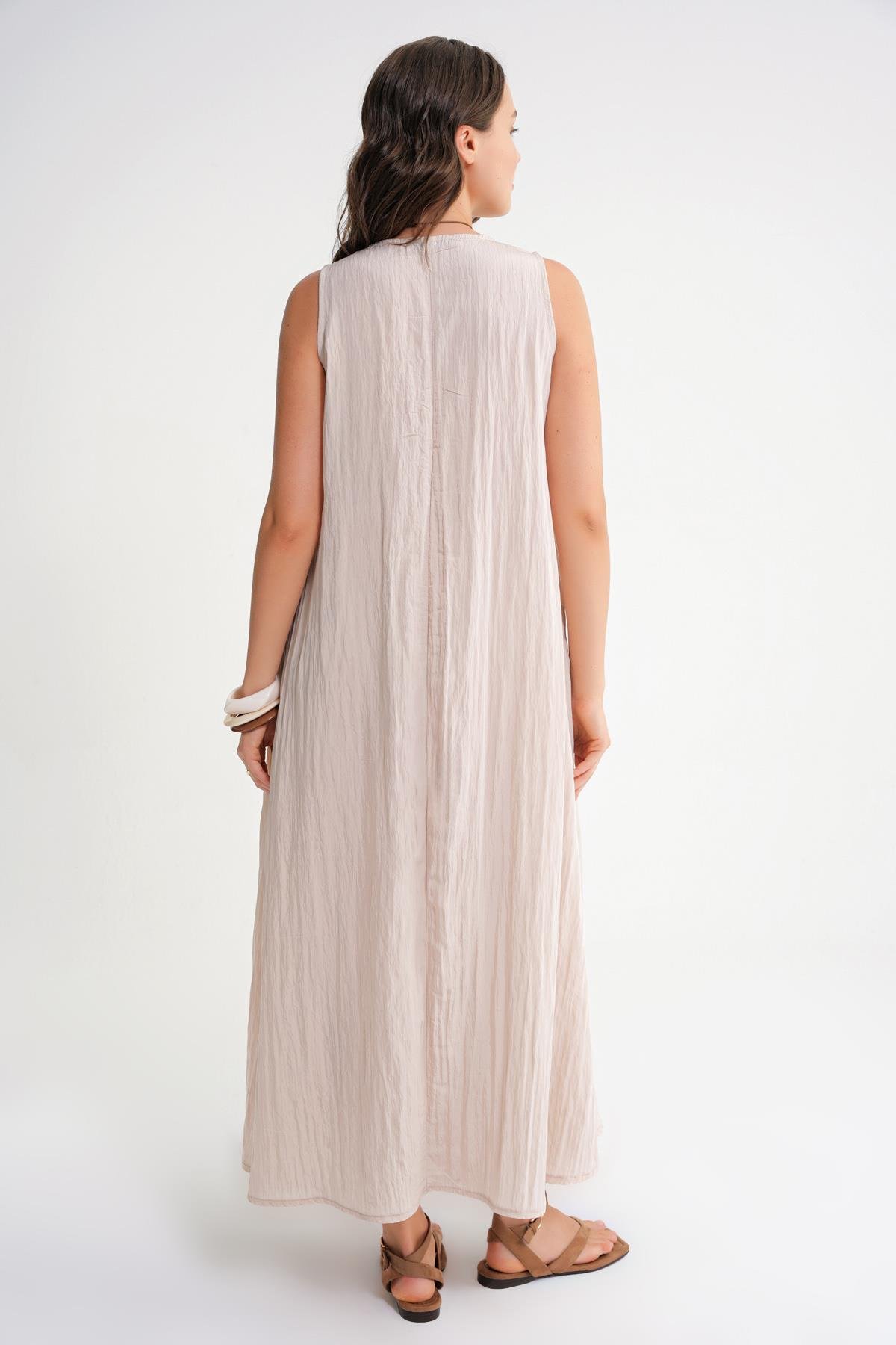 4700 Kadın V Yaka Önü Pileli Elbise Taş