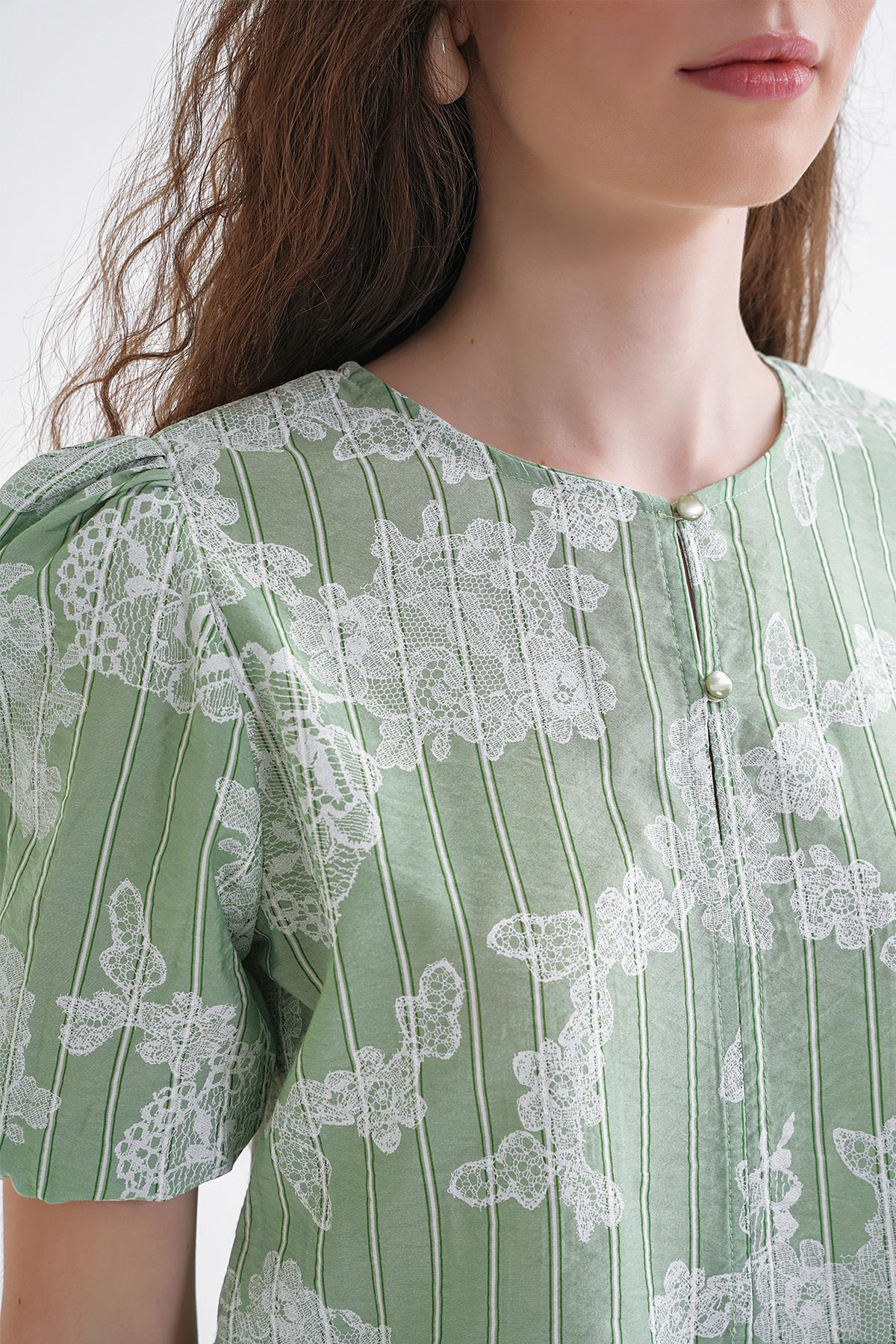 4701 Kadın Çiçek Baskılı Peplum Bluz Çağla