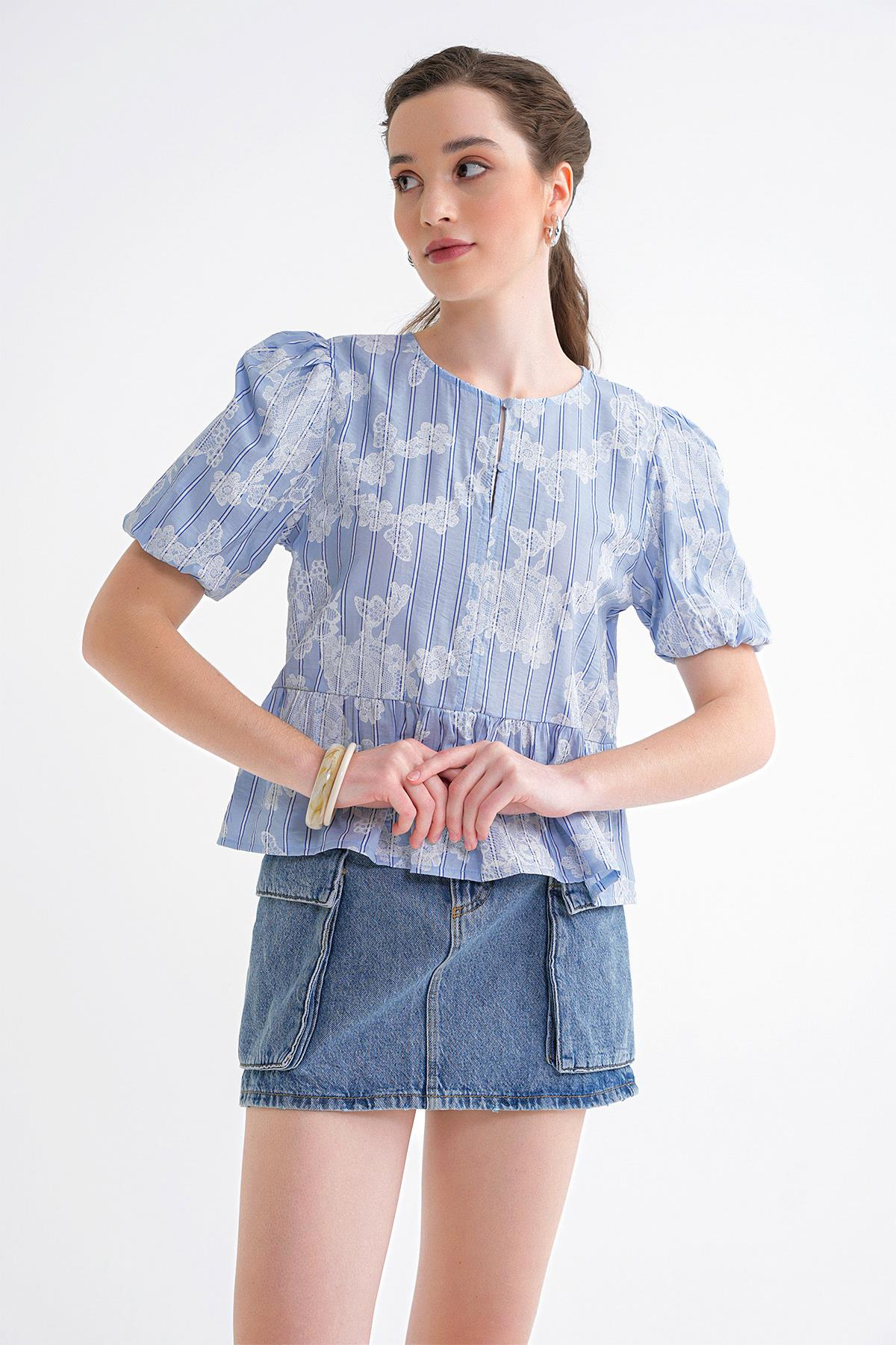 4701 Kadın Çiçek Baskılı Peplum Bluz Mavi