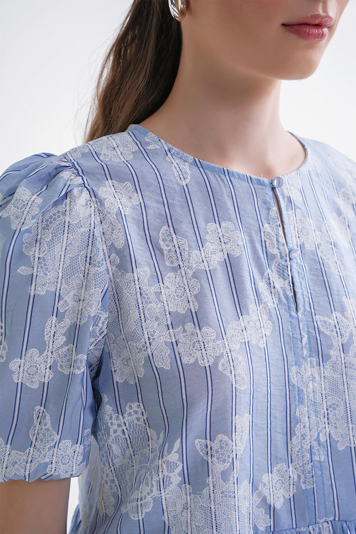 4701 Kadın Çiçek Baskılı Peplum Bluz Mavi