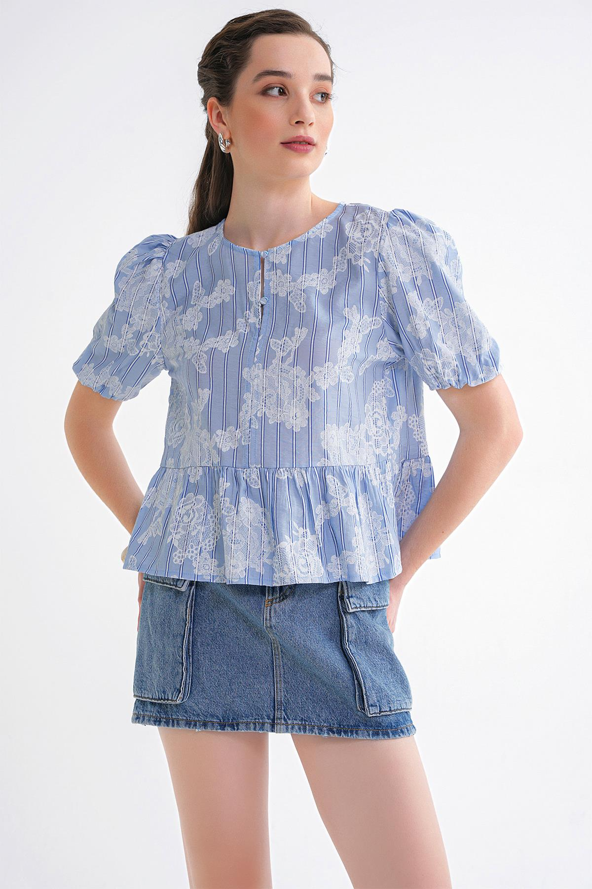 4701 Kadın Çiçek Baskılı Peplum Bluz Mavi