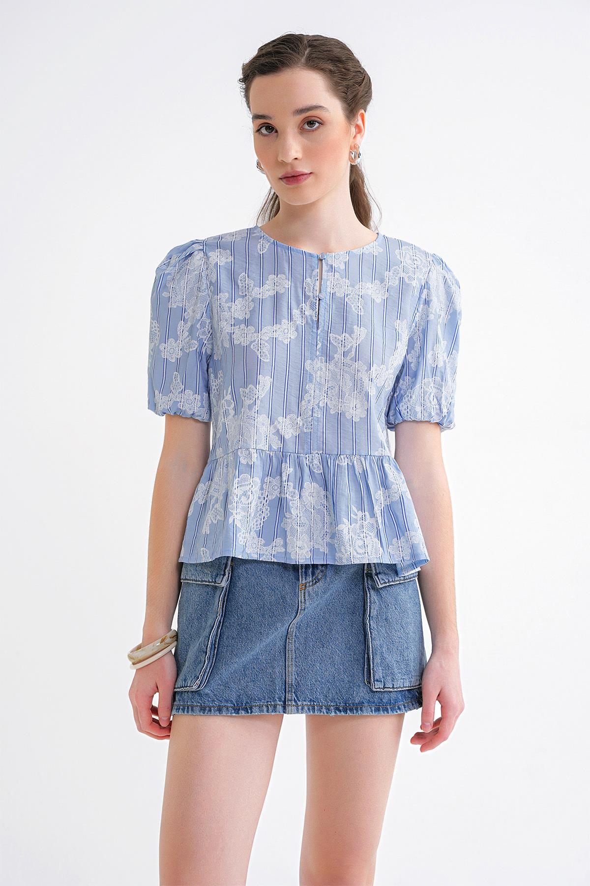 4701 Kadın Çiçek Baskılı Peplum Bluz Mavi